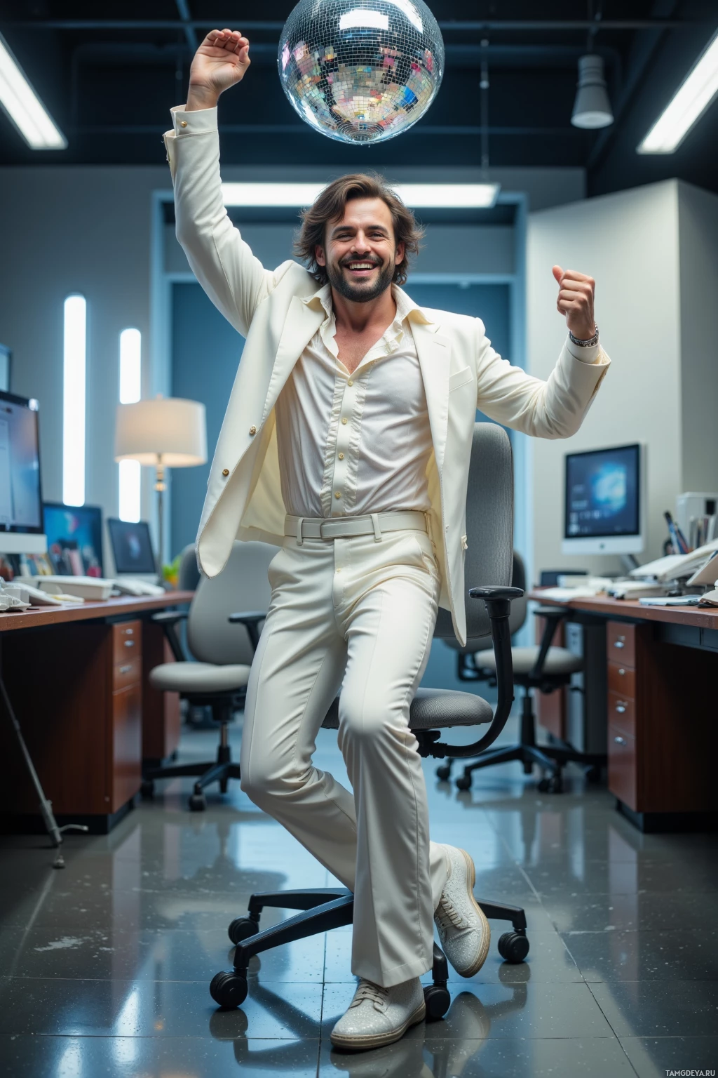 A man in a white suit sits on an office chair, raising one arm in a celebratory gesture.