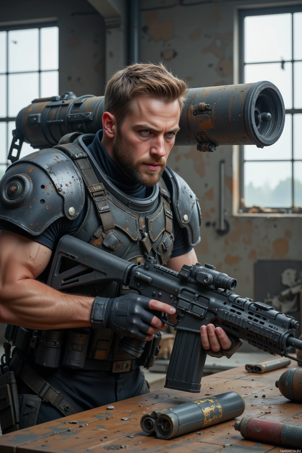 A man in tactical gear holds a rifle and a large rocket launcher in a dimly lit room.