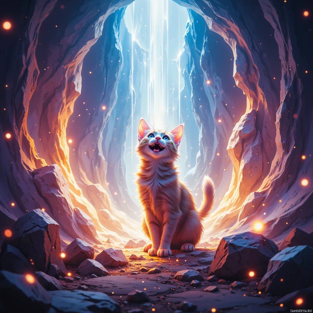A cat sits in a glowing cave with sparkling particles.