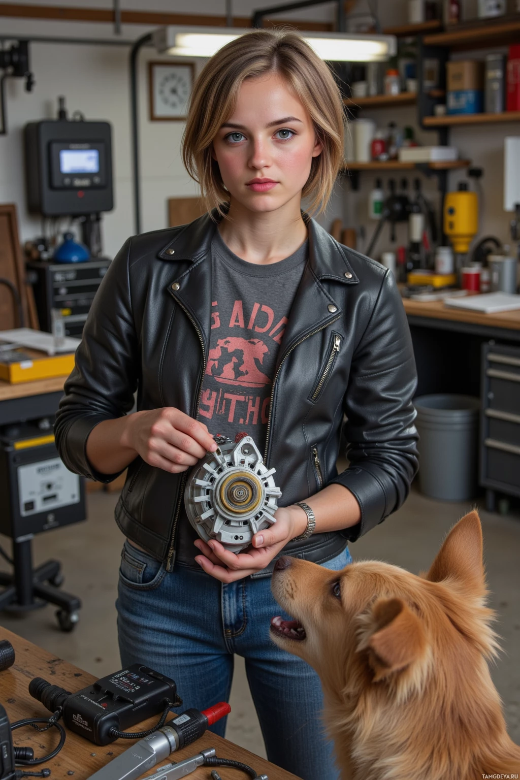 A person in a leather jacket and jeans holds a mechanical part in a workshop setting with a dog nearby.