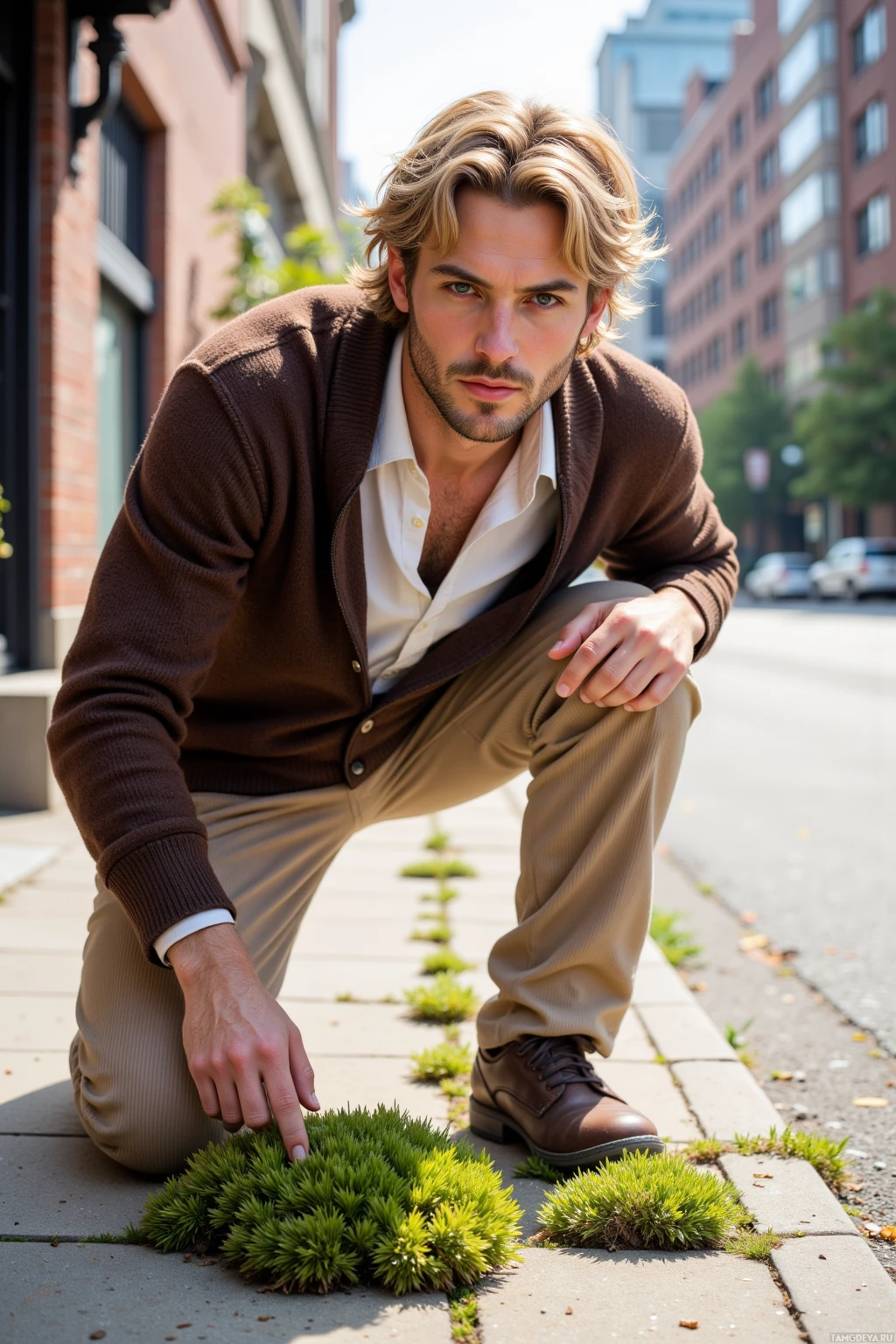A man in a brown sweater and khaki pants crouches on a sidewalk, touching small patches of greenery.