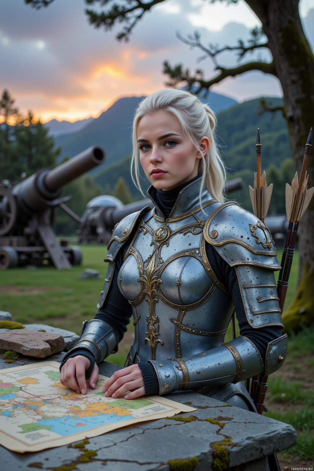 A woman in ornate armor sits at a table with a map, with a cannon and mountainous landscape in the background.
