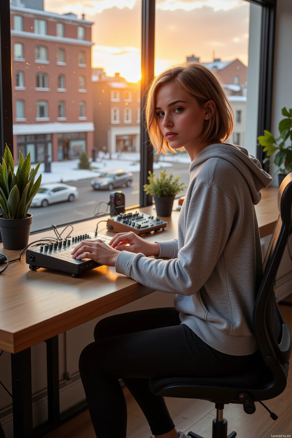 A person sits at a desk with a music production setup, overlooking a cityscape at sunset.