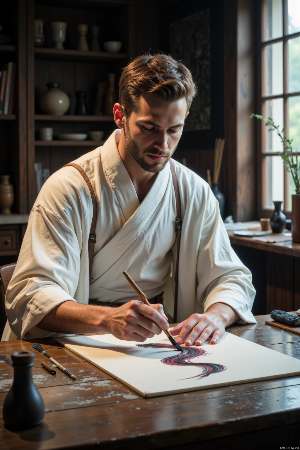 A man in a traditional robe is painting with a brush on a canvas.