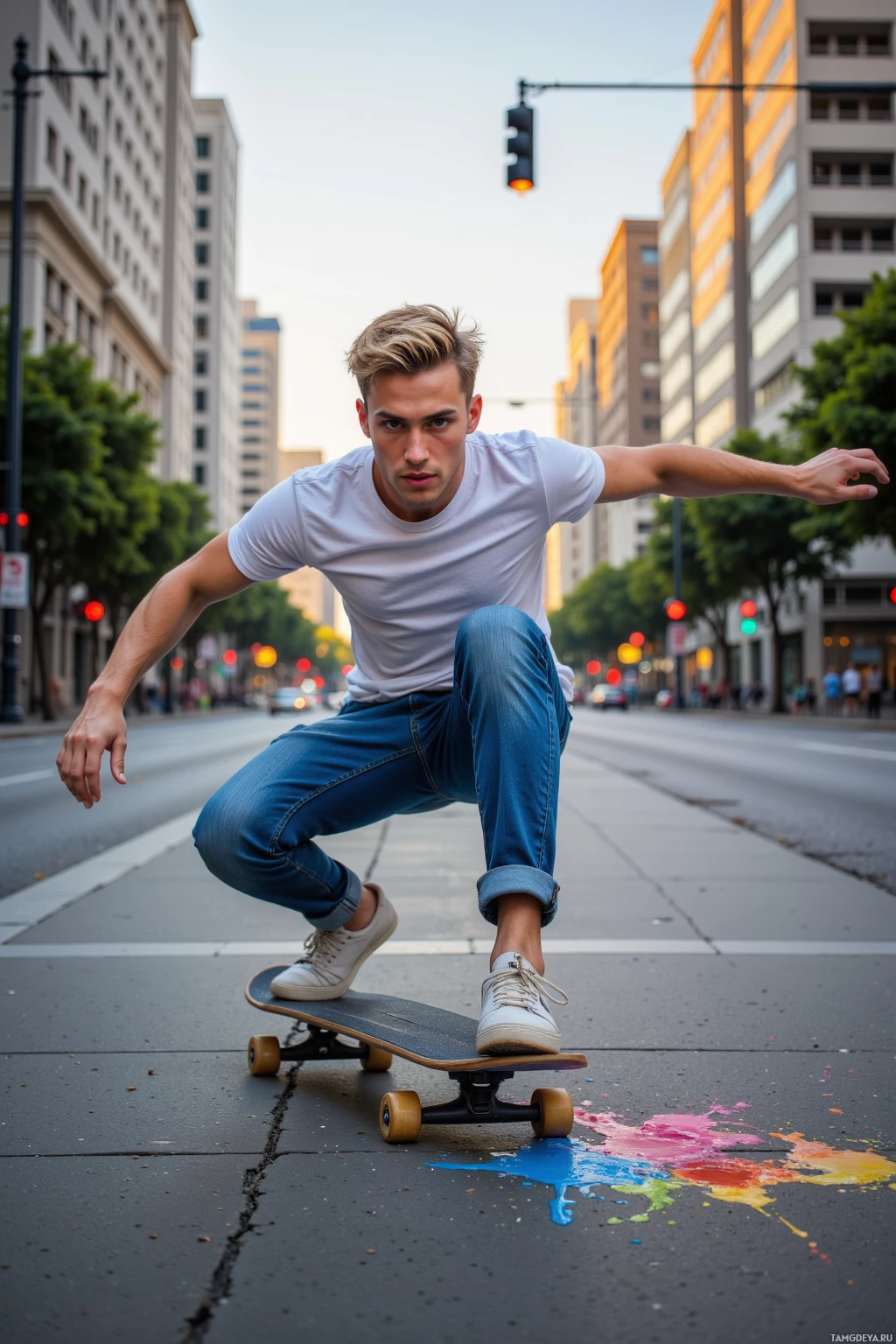 A skateboarder balances on a skateboard on a city sidewalk with colorful paint splatters on the ground.