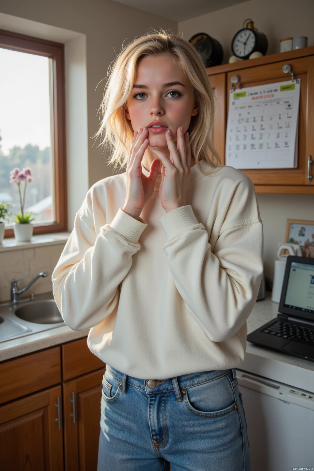 A person stands in a kitchen, wearing a white sweater and jeans, with hands near their face.
