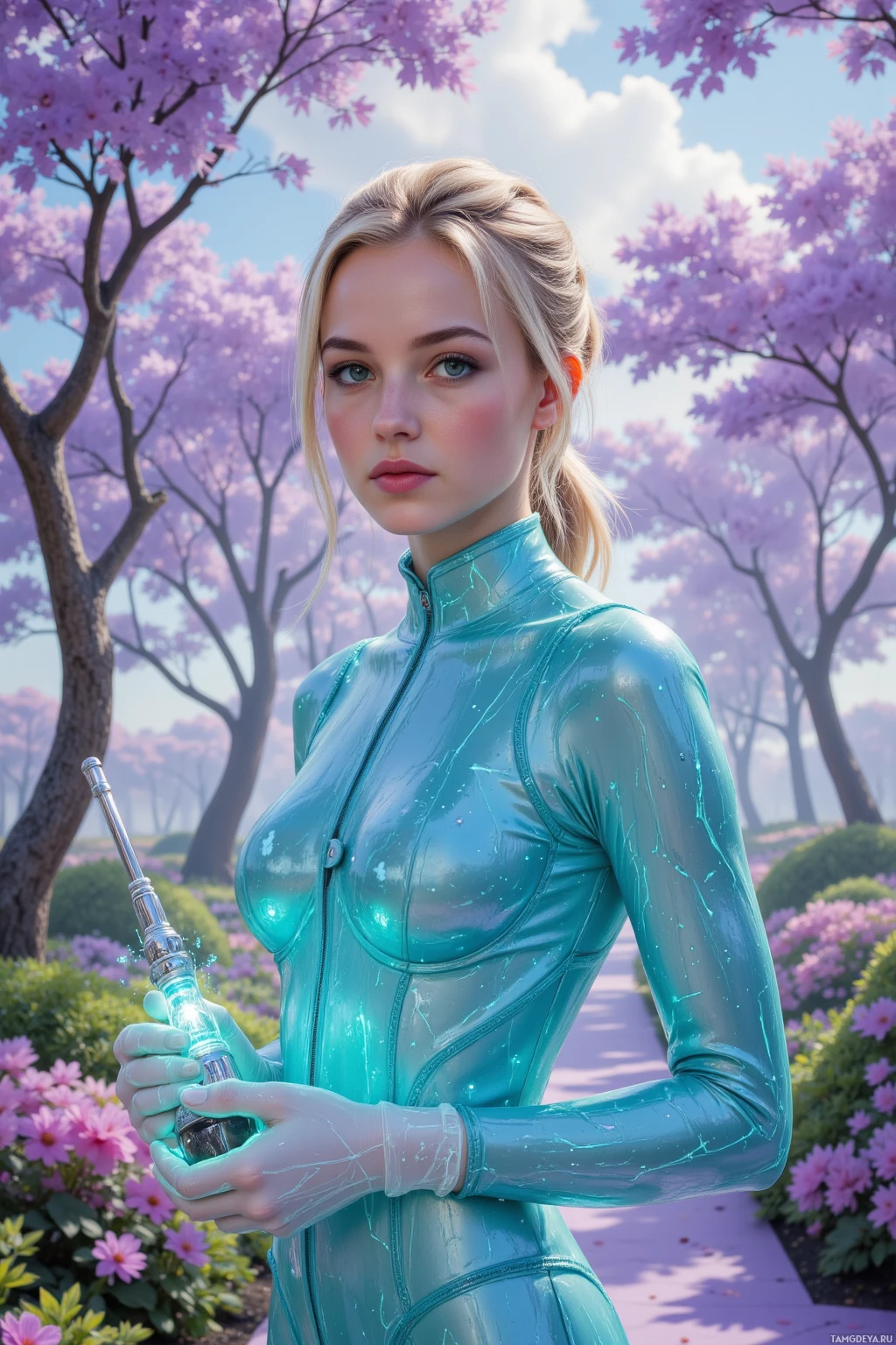 A person in a shiny teal outfit stands in a garden with blooming pink flowers and cherry blossom trees.