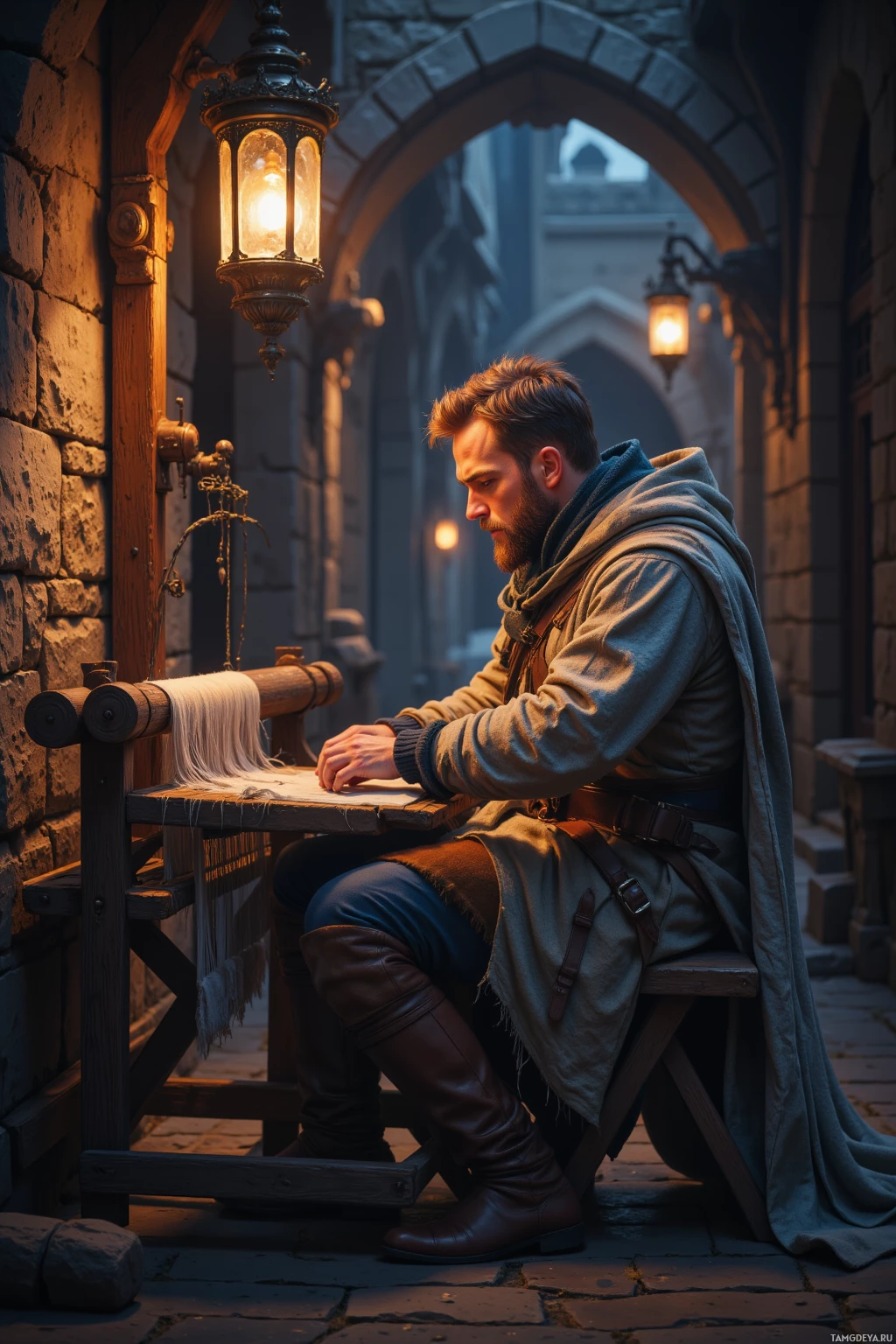 A man sits at a wooden table in a dimly lit stone corridor, writing on a piece of paper.