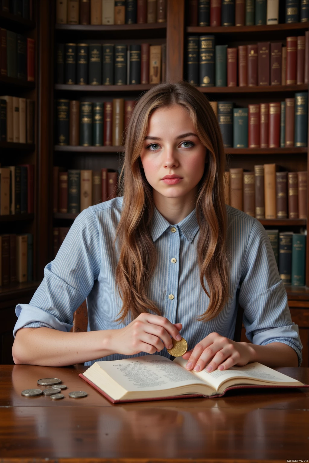 A young woman sits at a desk in a library, holding a coin and looking at an open book.