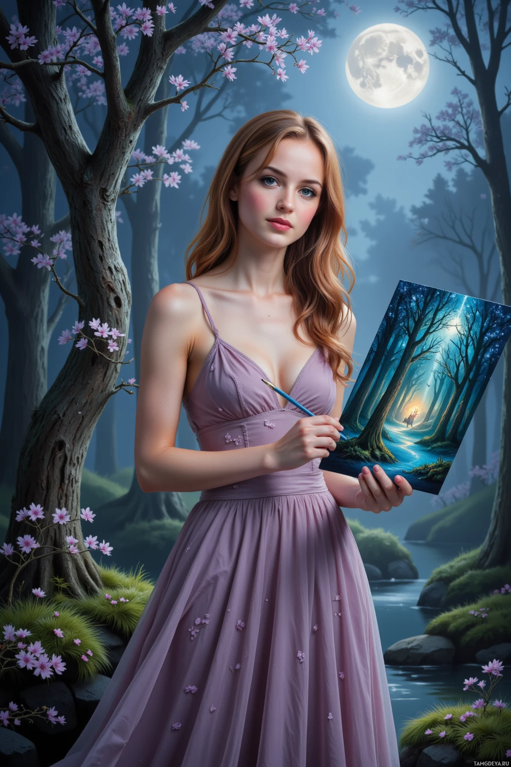 A woman in a purple dress holds a painting of a forest scene under a full moon.