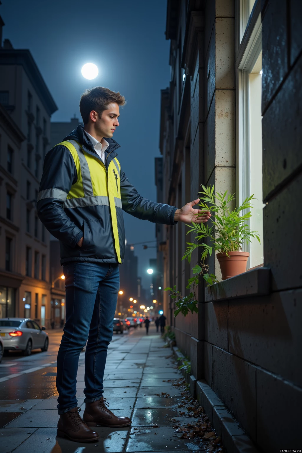 A man stands on a city sidewalk at night, reaching out to touch a potted plant on a window sill.