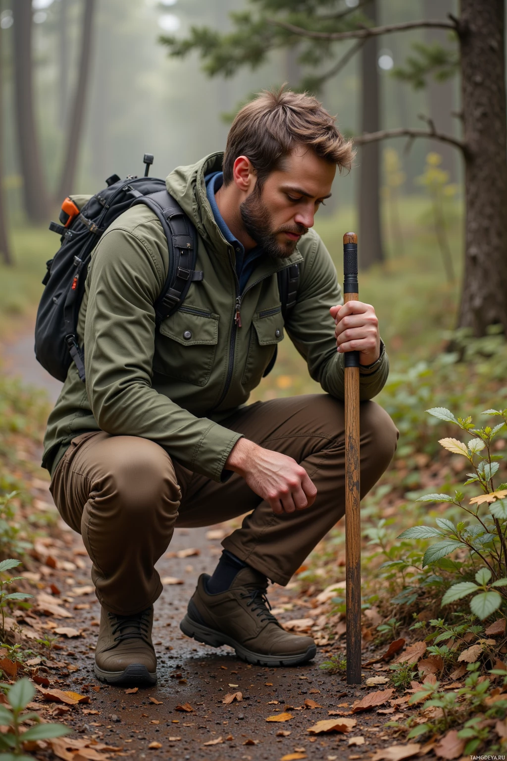 A man in outdoor gear crouches in a forest, holding a walking stick.
