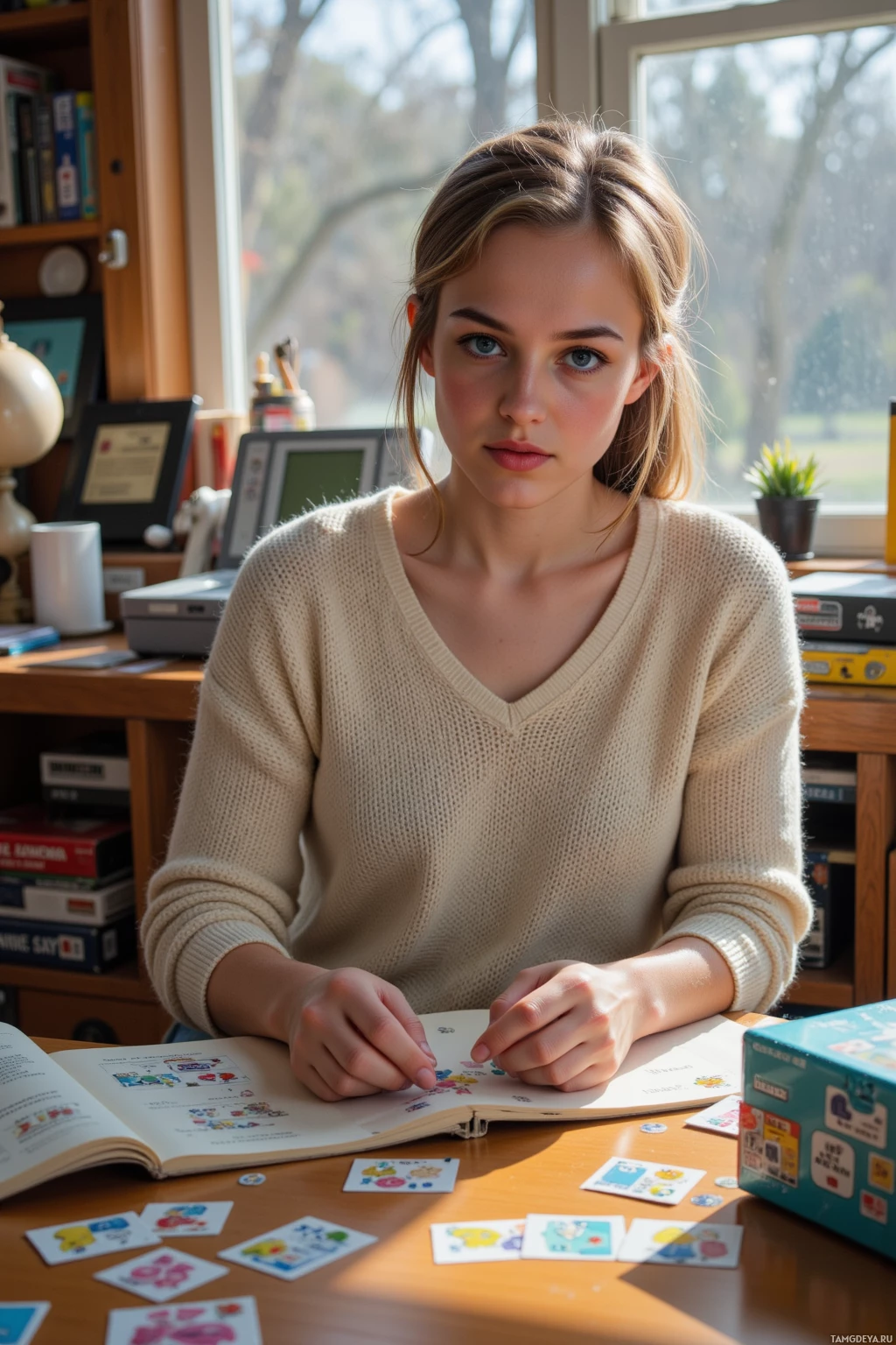 A person sits at a desk with a book and scattered cards, in a room with a window and bookshelves.