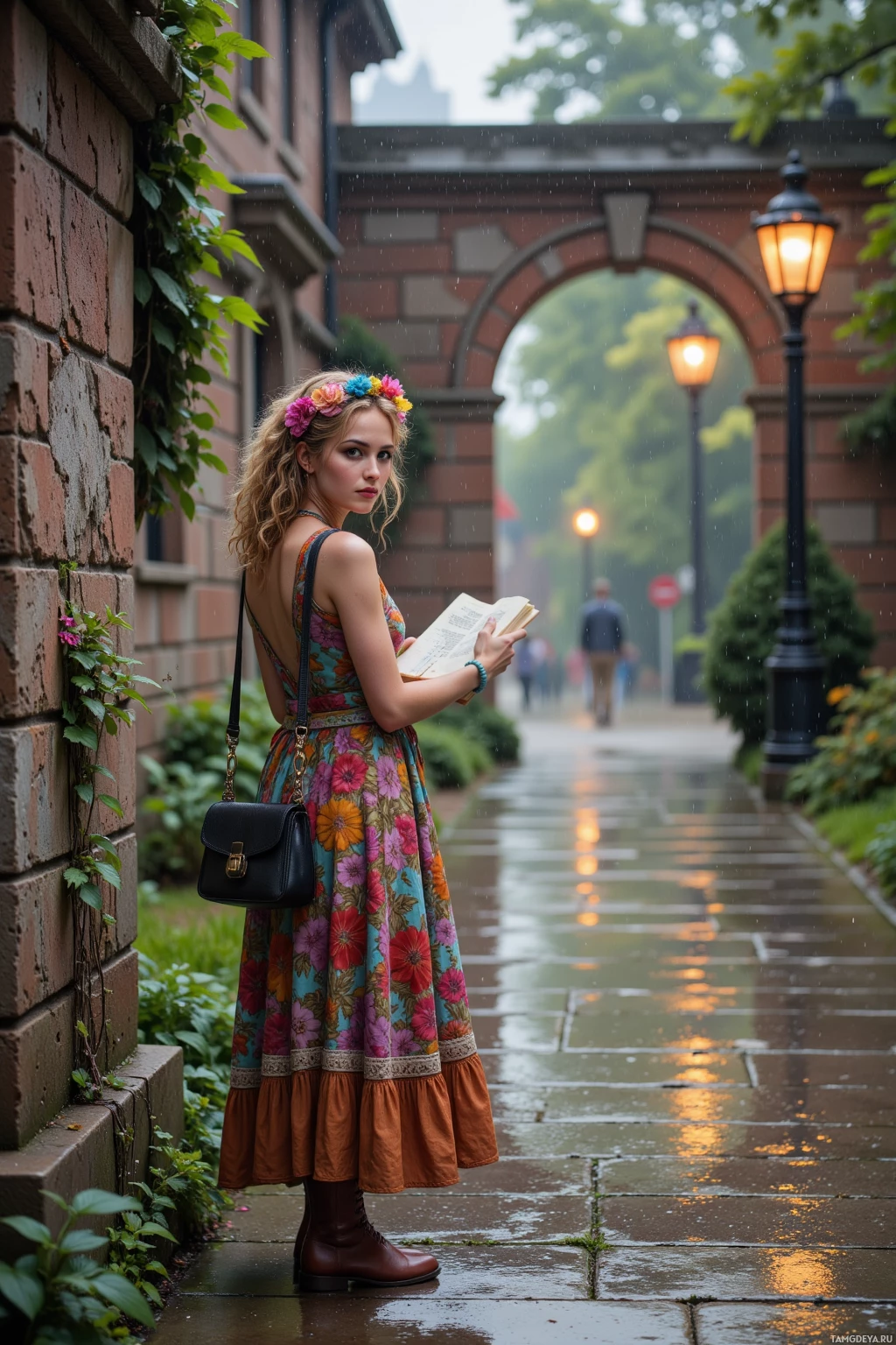 A woman in a floral dress stands on a rainy street, holding a book.