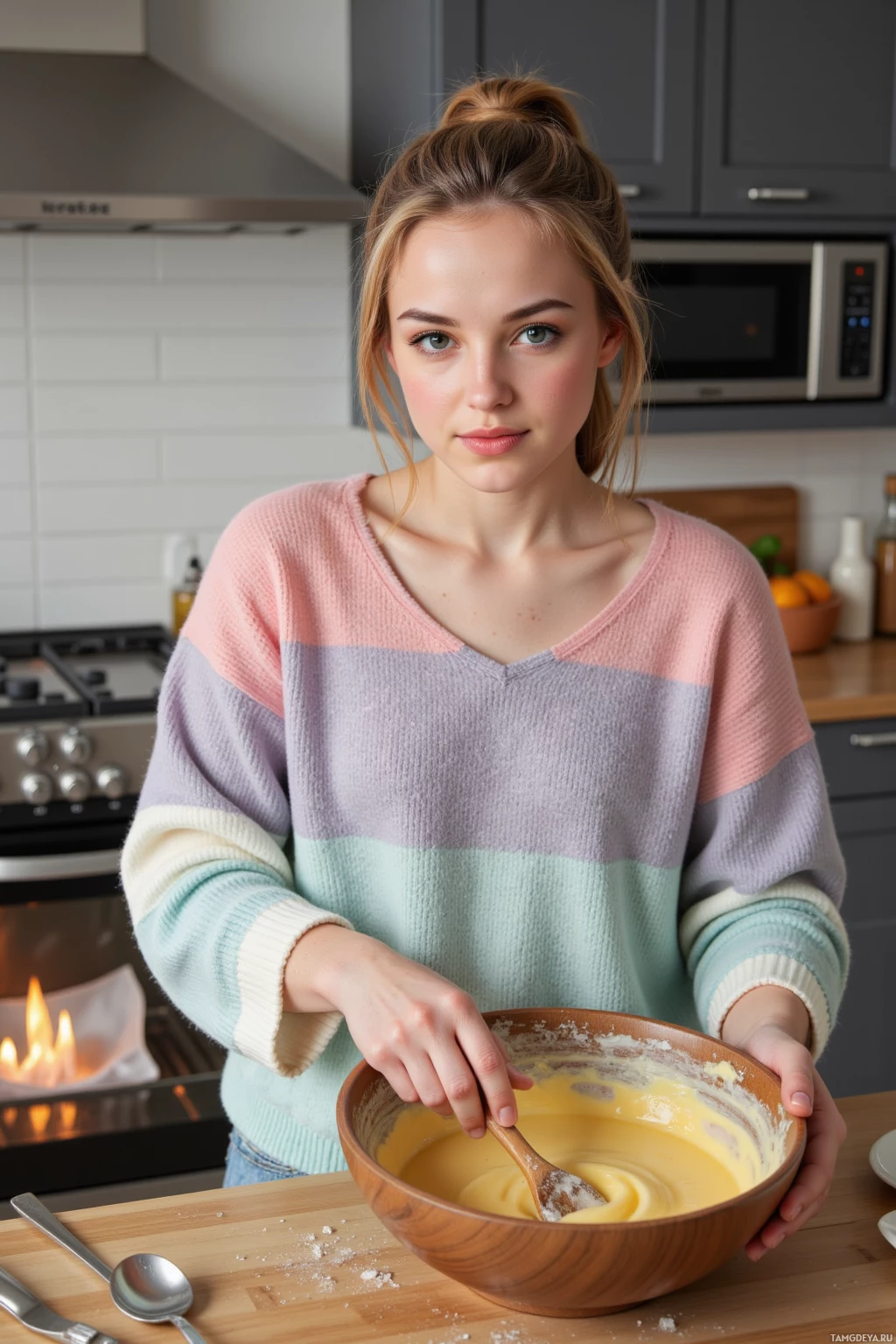 A person in a kitchen mixing batter in a wooden bowl.