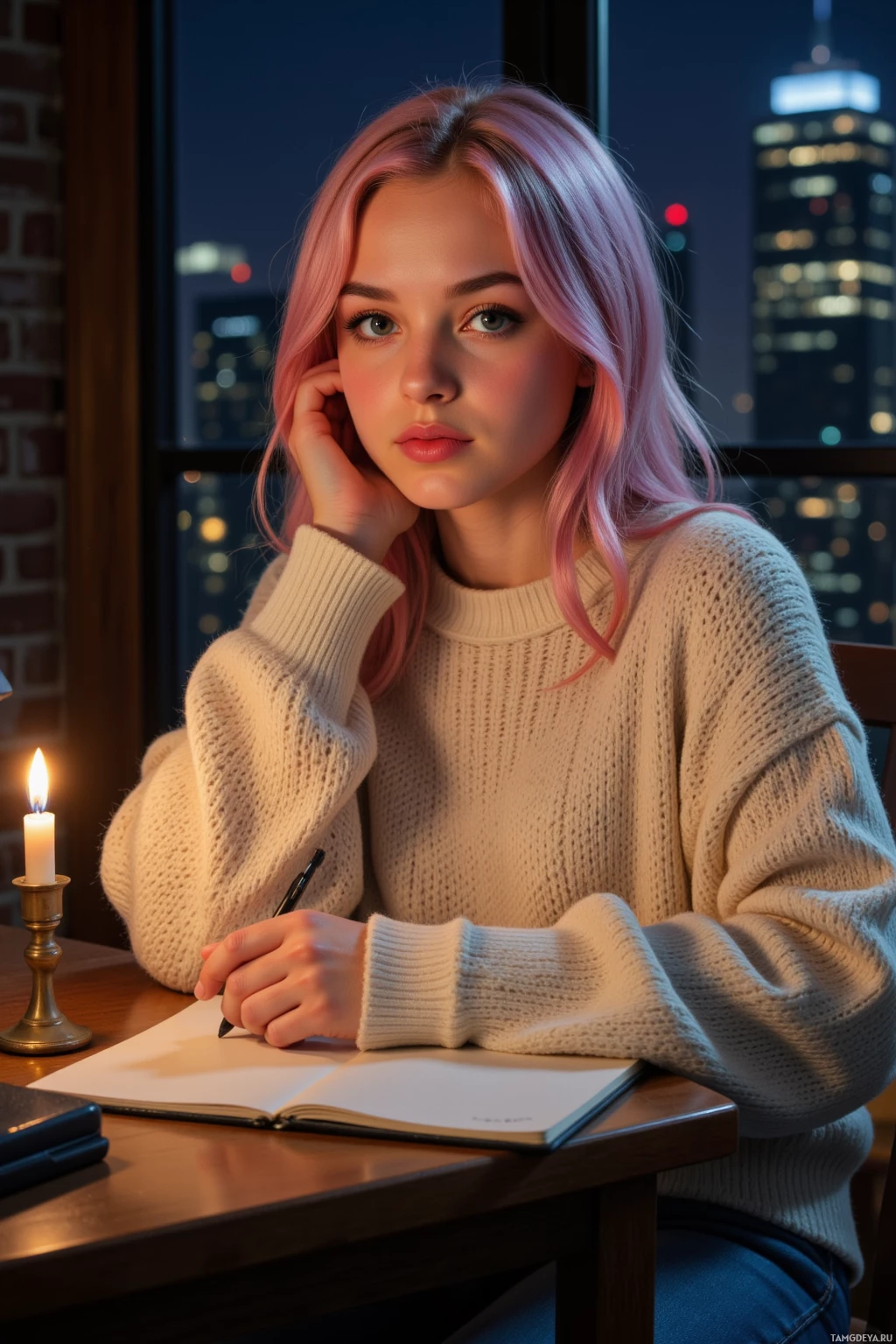 A person with pink hair sits at a desk, writing in a notebook with a candle nearby.