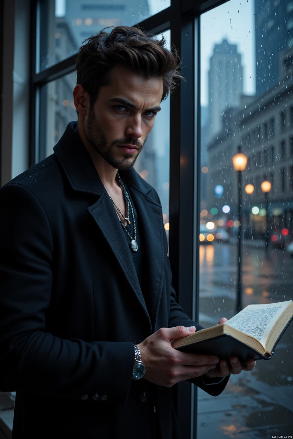 A man in a black coat stands by a window, reading a book on a rainy day.