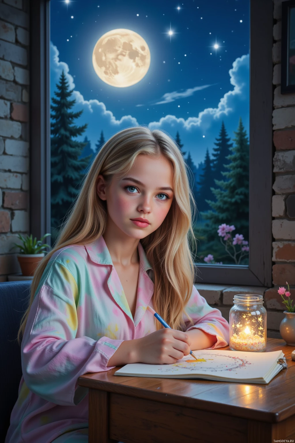 A girl in pajamas sits at a desk, drawing under a night sky with a full moon and stars.