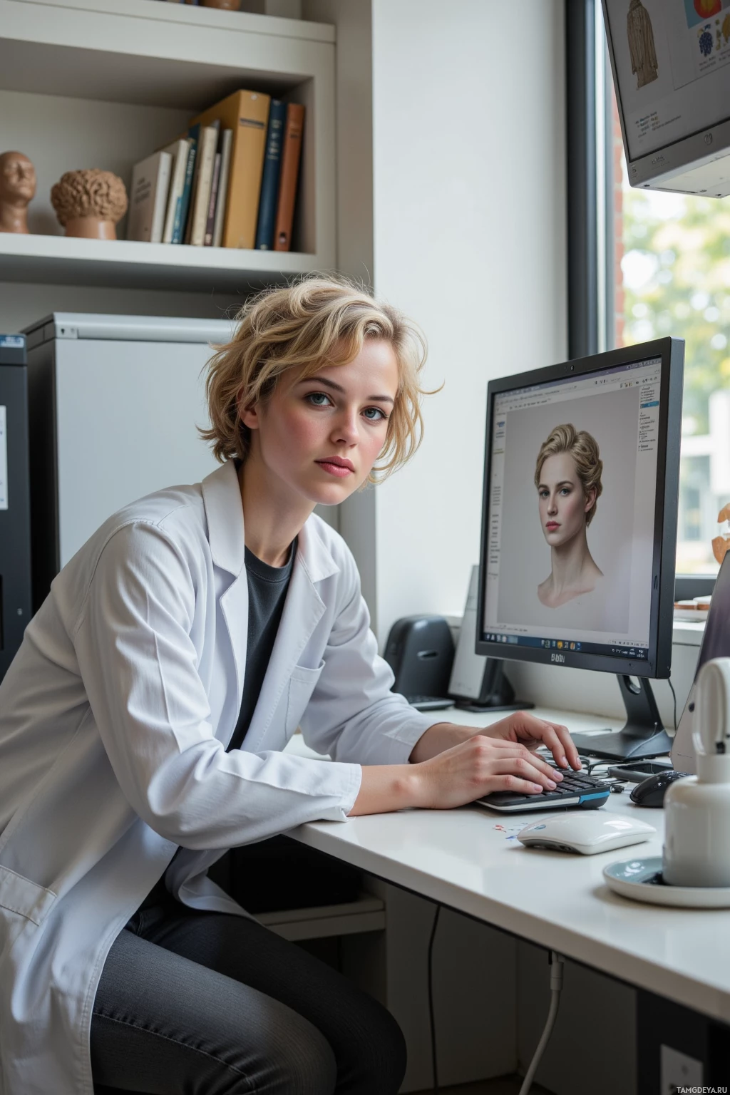 A person in a lab coat works at a desk with a computer displaying a digital image.