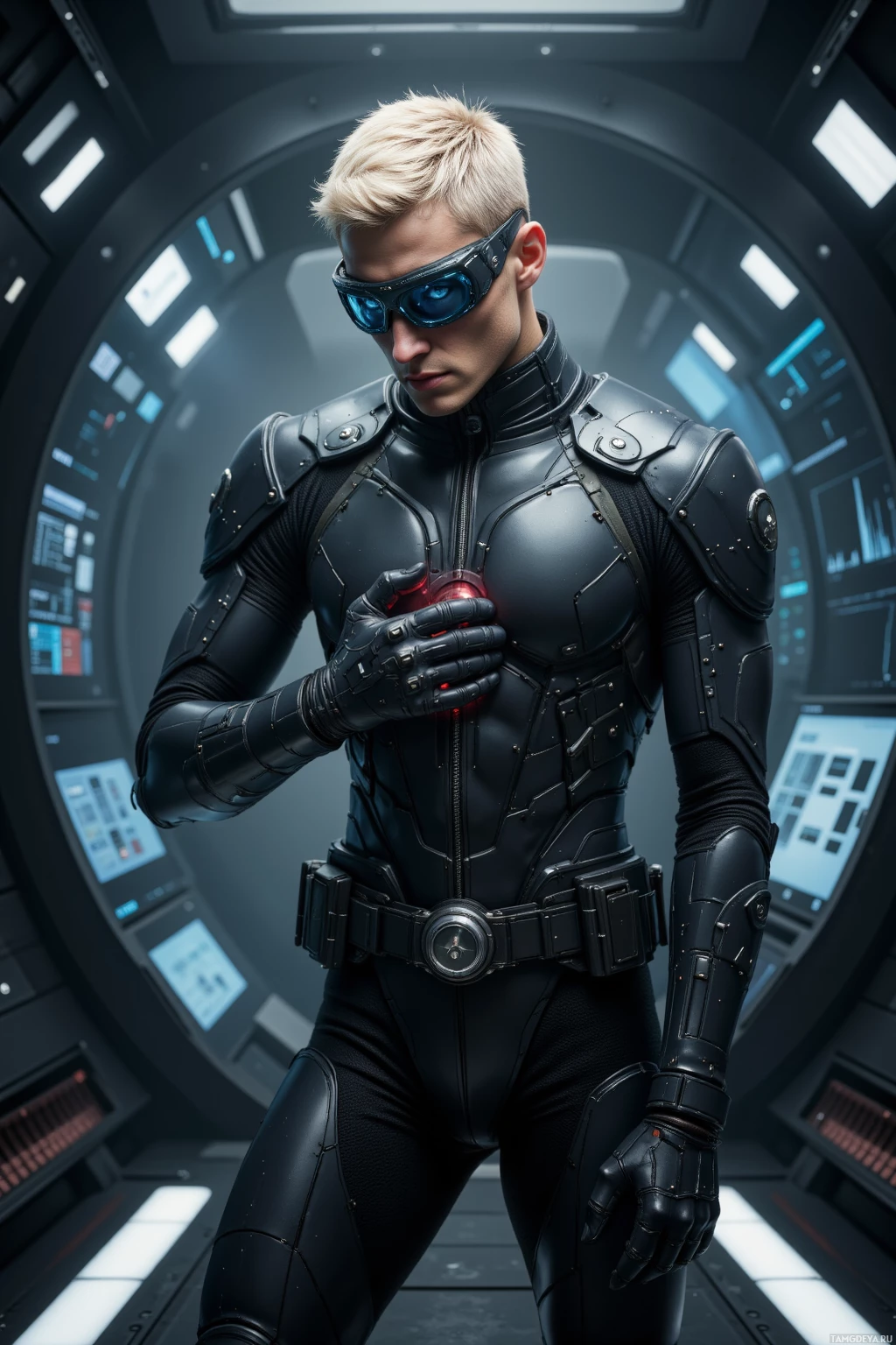 A person in a futuristic, armored suit stands in a high-tech environment.