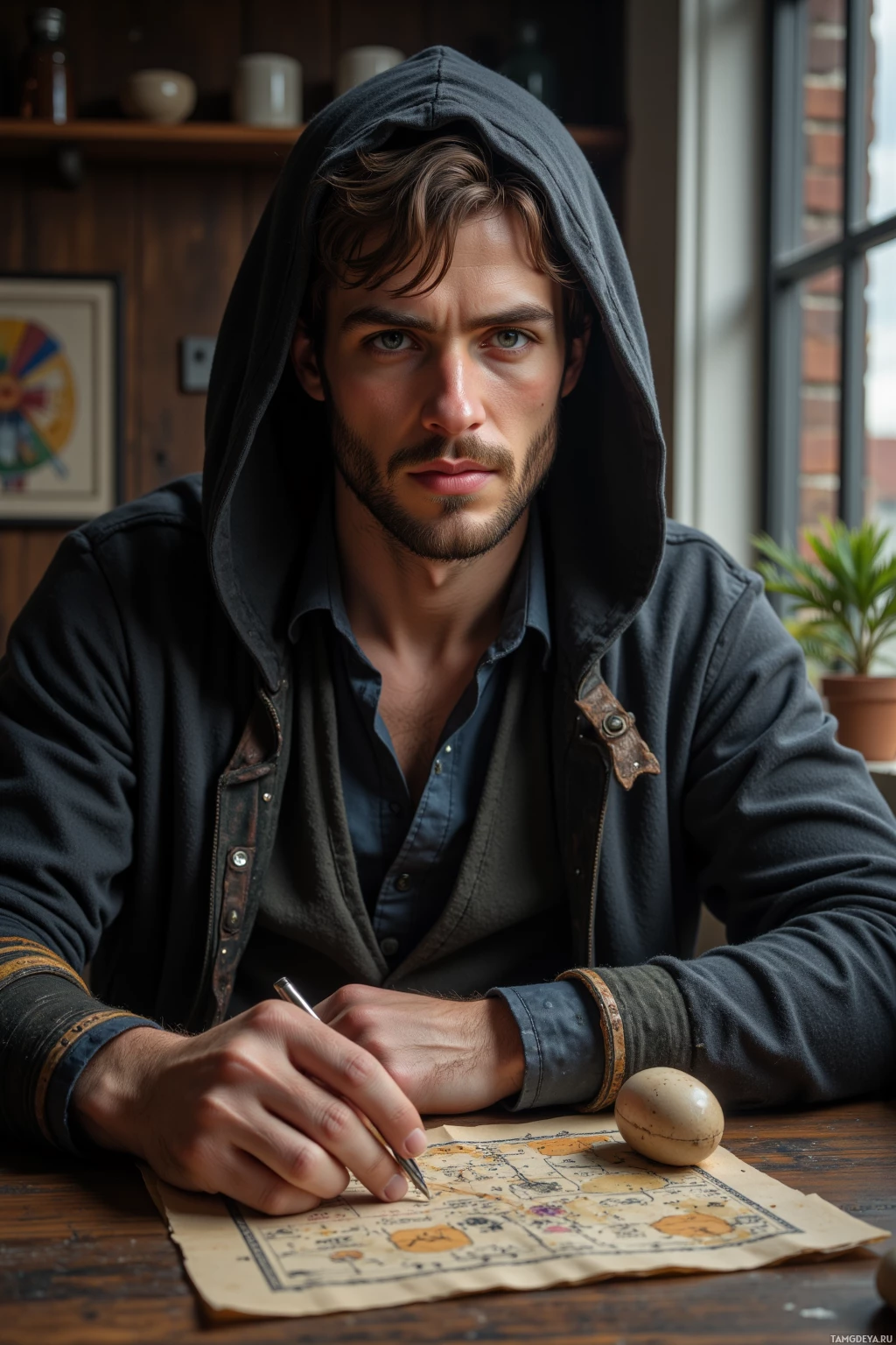 A man wearing a hoodie sits at a table, holding a pen and looking at a map.