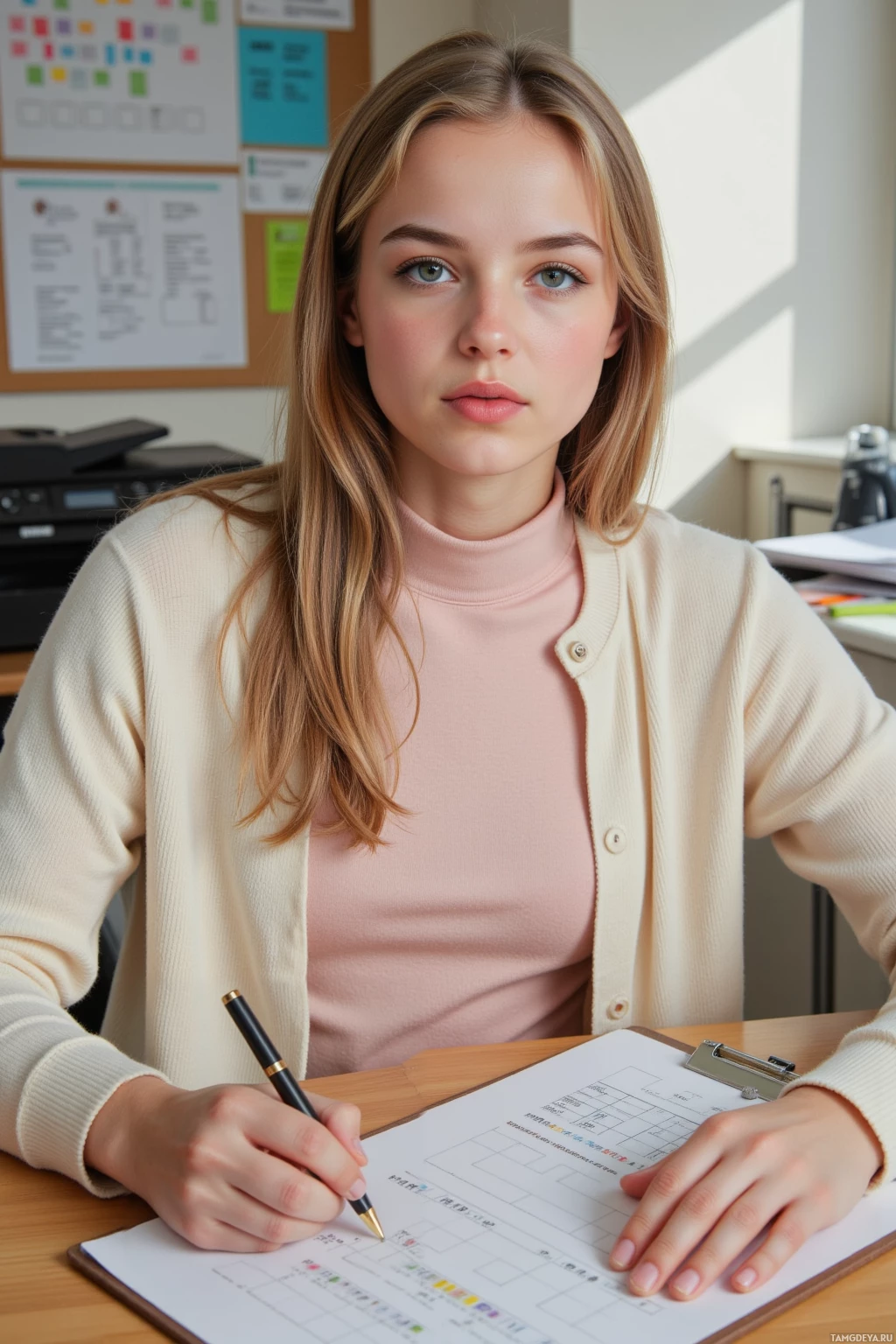 A person is sitting at a desk, writing on a clipboard with a pen.