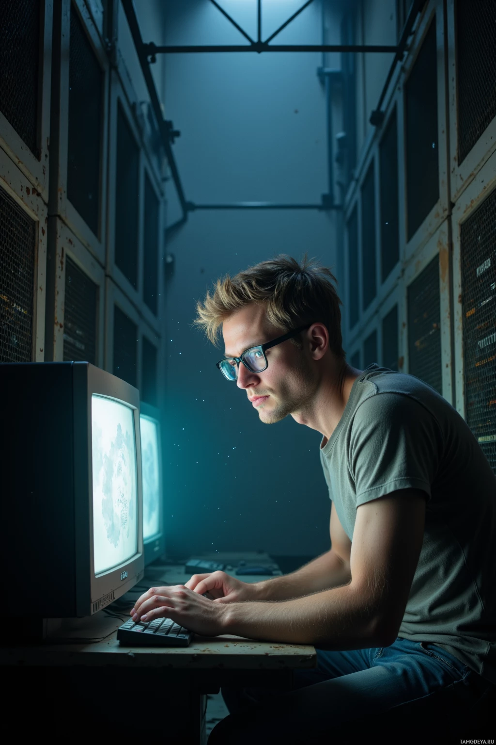 A person wearing glasses is sitting at a desk, working on an old computer in a dimly lit room.