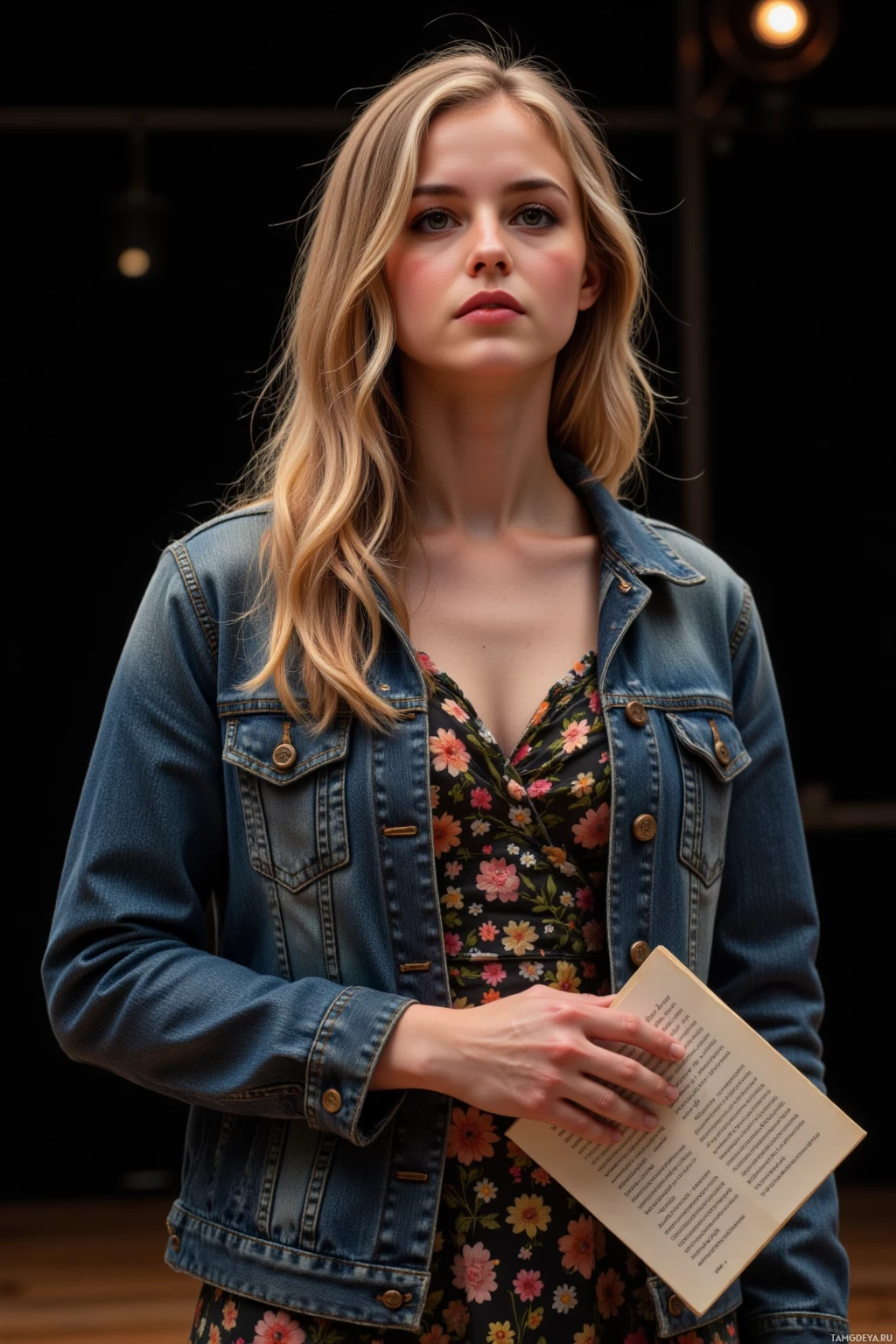 A woman in a denim jacket and floral dress holds a book.