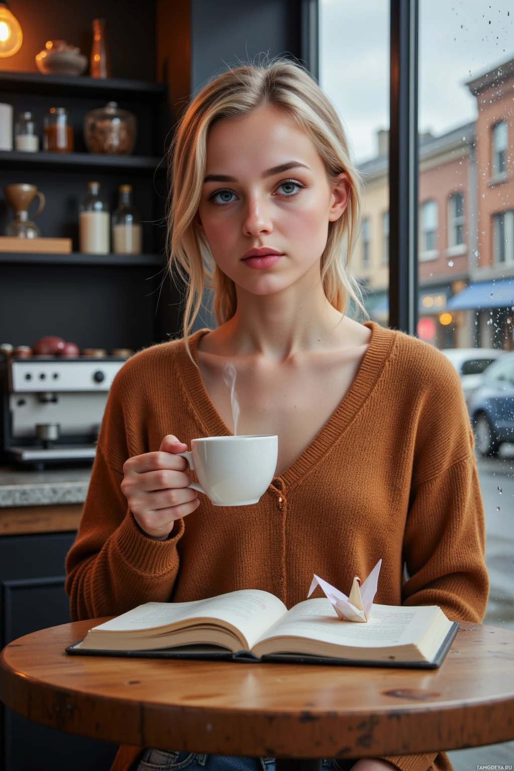 A woman in a brown sweater holds a steaming cup of coffee while sitting at a table with an open book.