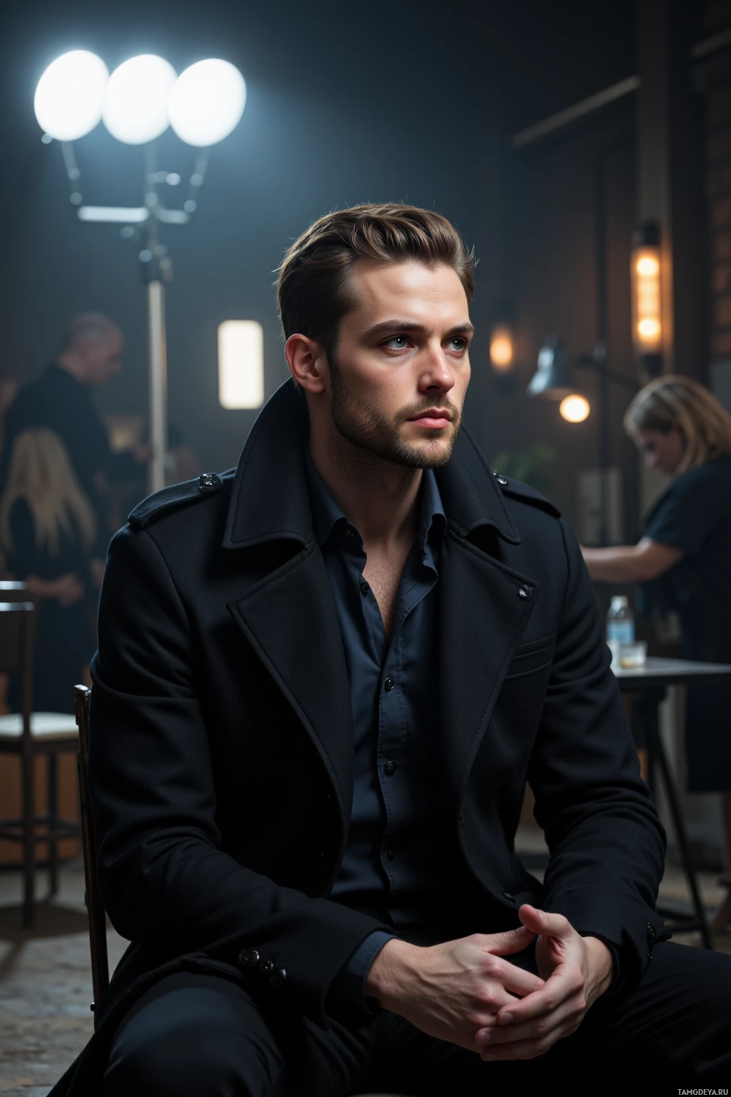 A man in a black coat and shirt sits in a dimly lit room with soft lighting.