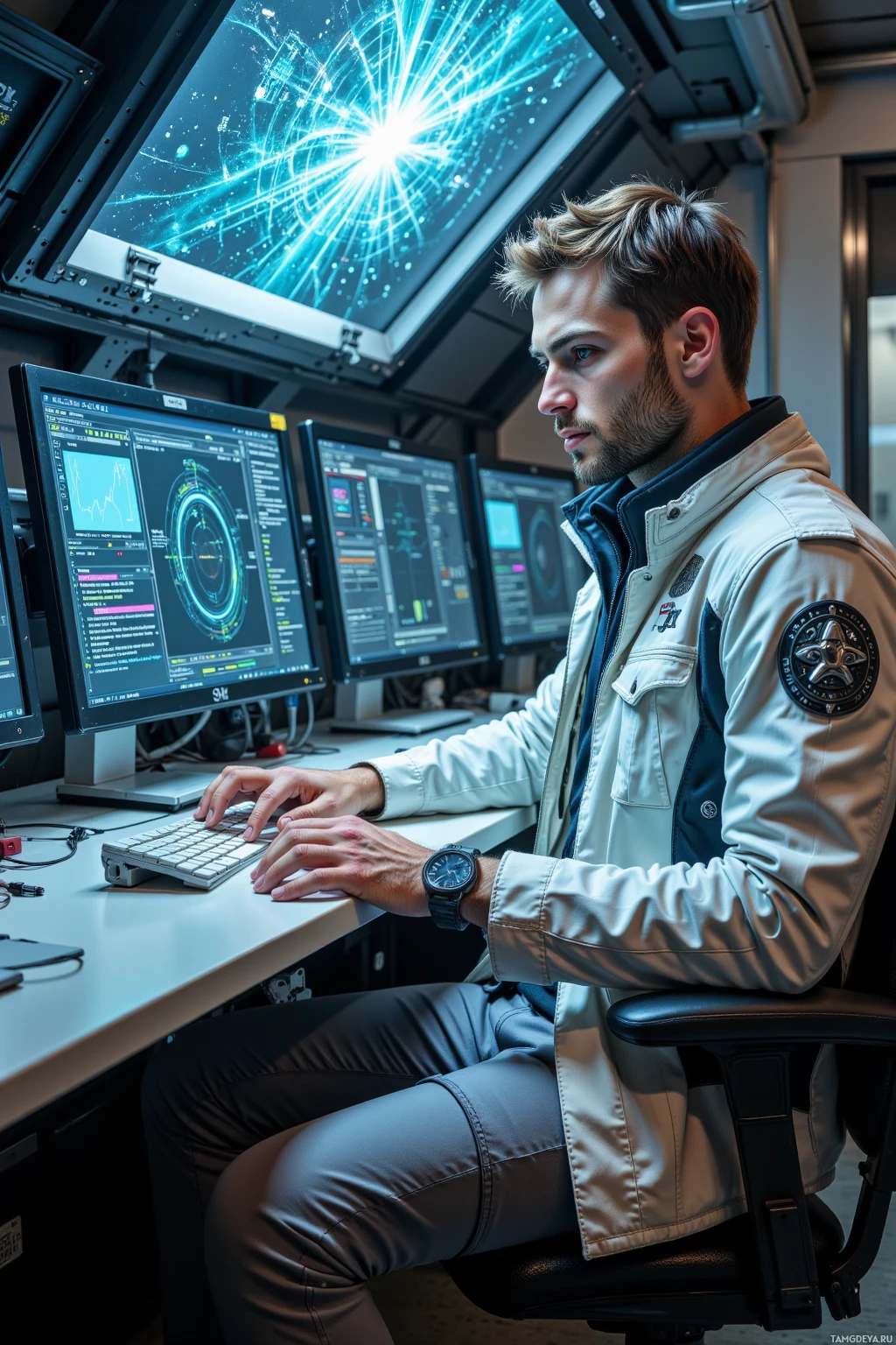 A person in a futuristic workspace, focused on a computer screen displaying complex data.
