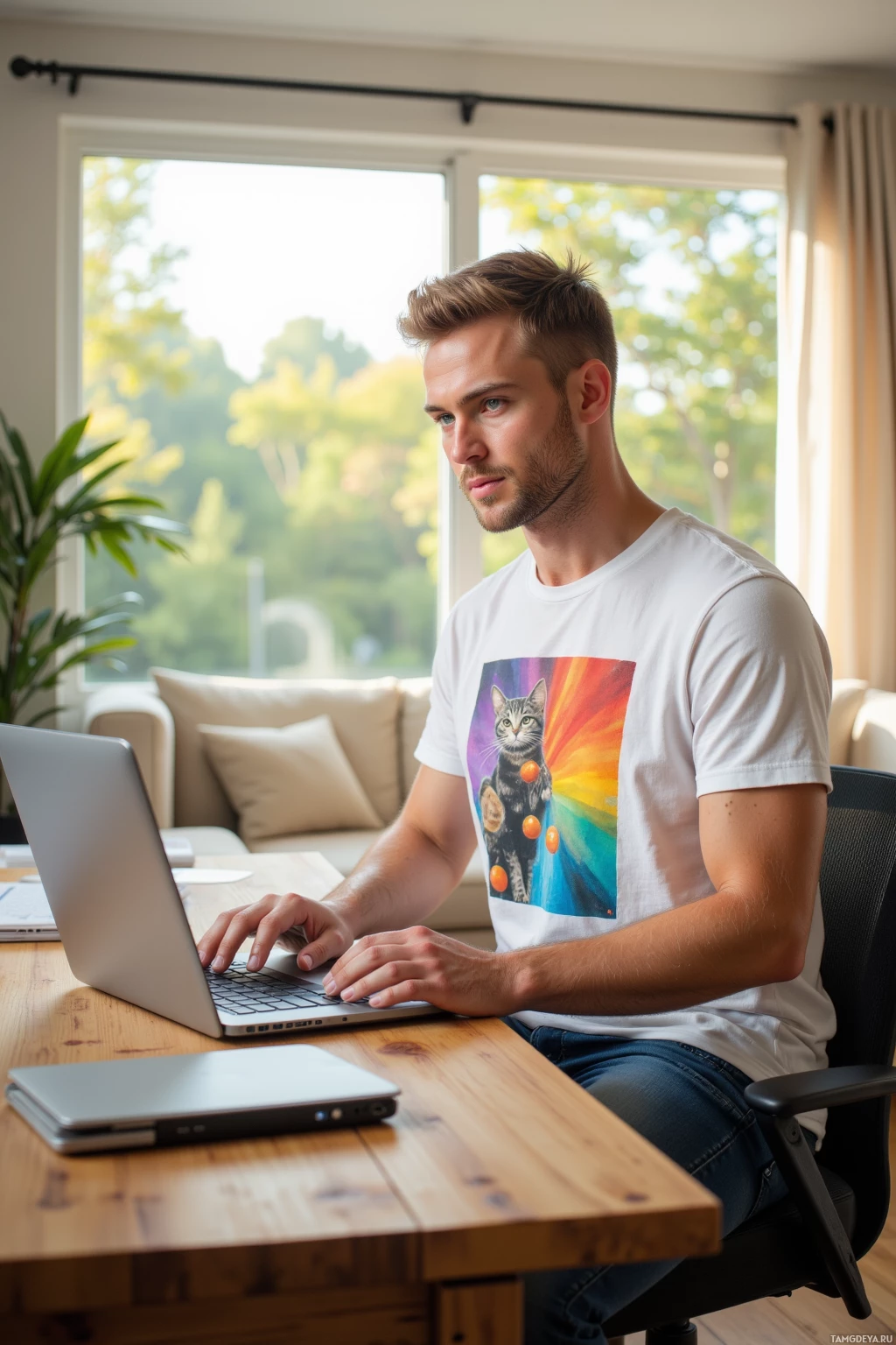 A man sits at a desk, working on a laptop in a bright, modern room with a large window.