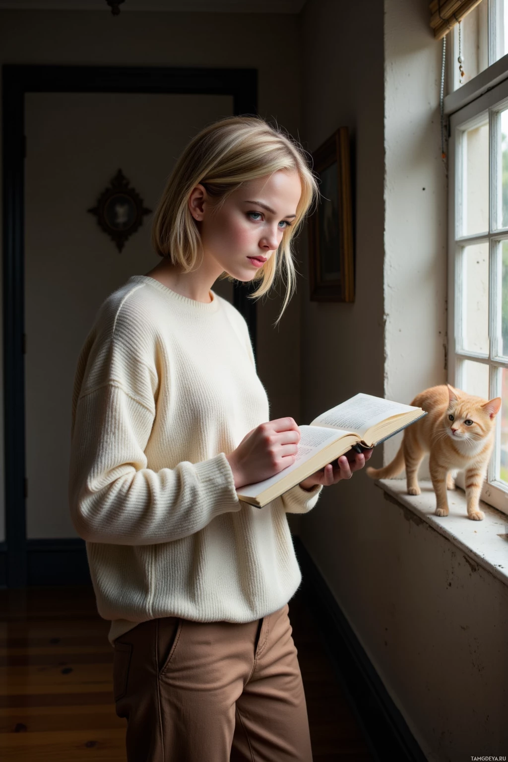 A person in a white sweater reads a book by a window, with a cat perched on the sill.