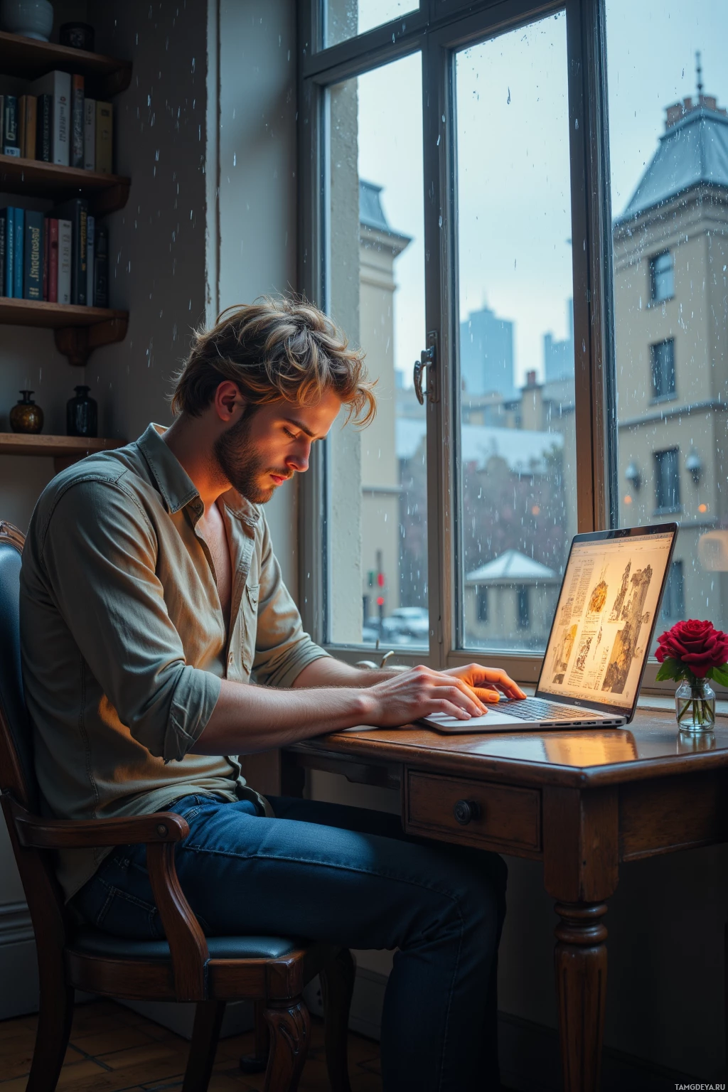 A man works on a laptop at a desk by a window with raindrops falling outside.