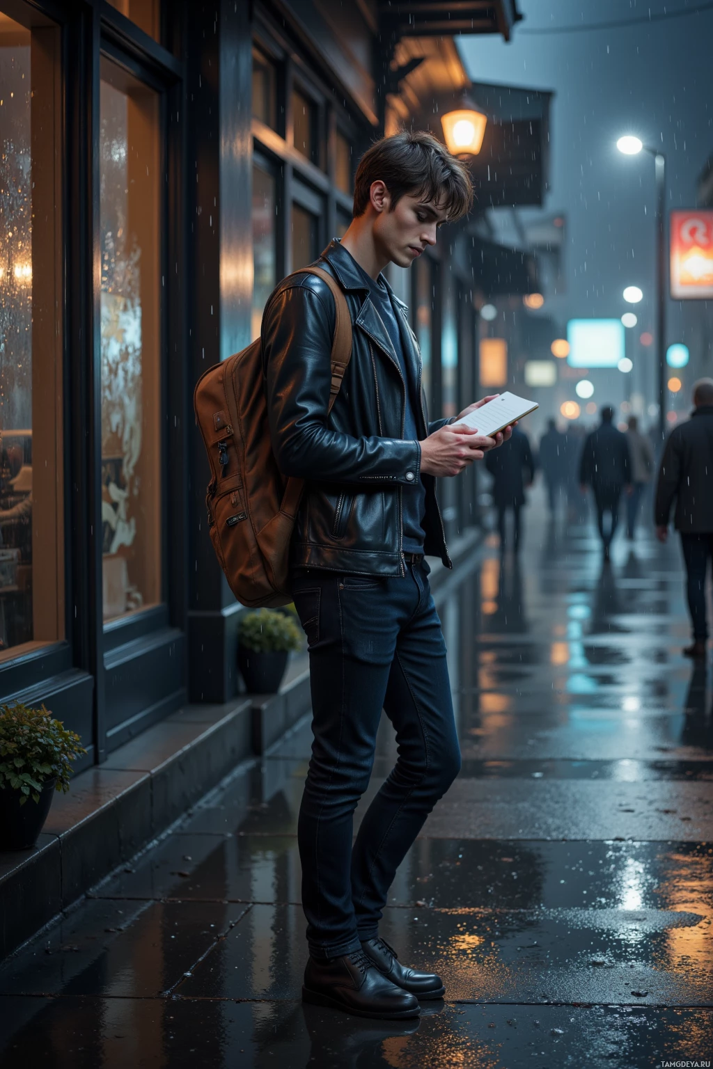 A person wearing a leather jacket and jeans stands on a rainy street, holding a book.