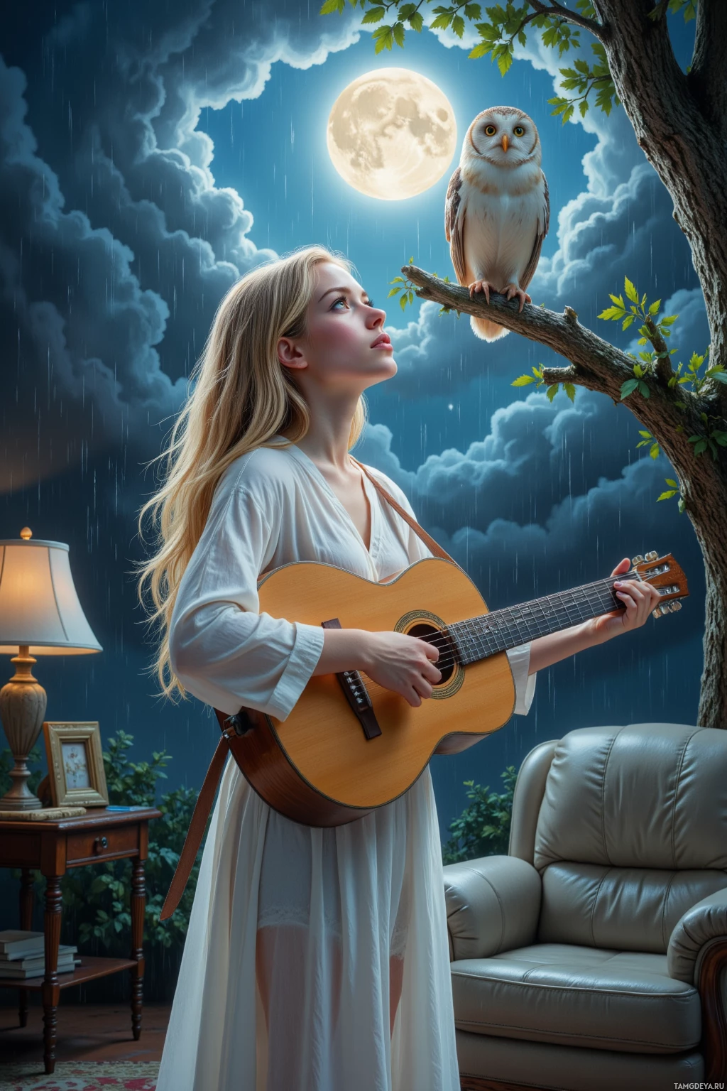 A woman in a white dress plays a guitar under a moonlit sky with an owl perched on a branch.