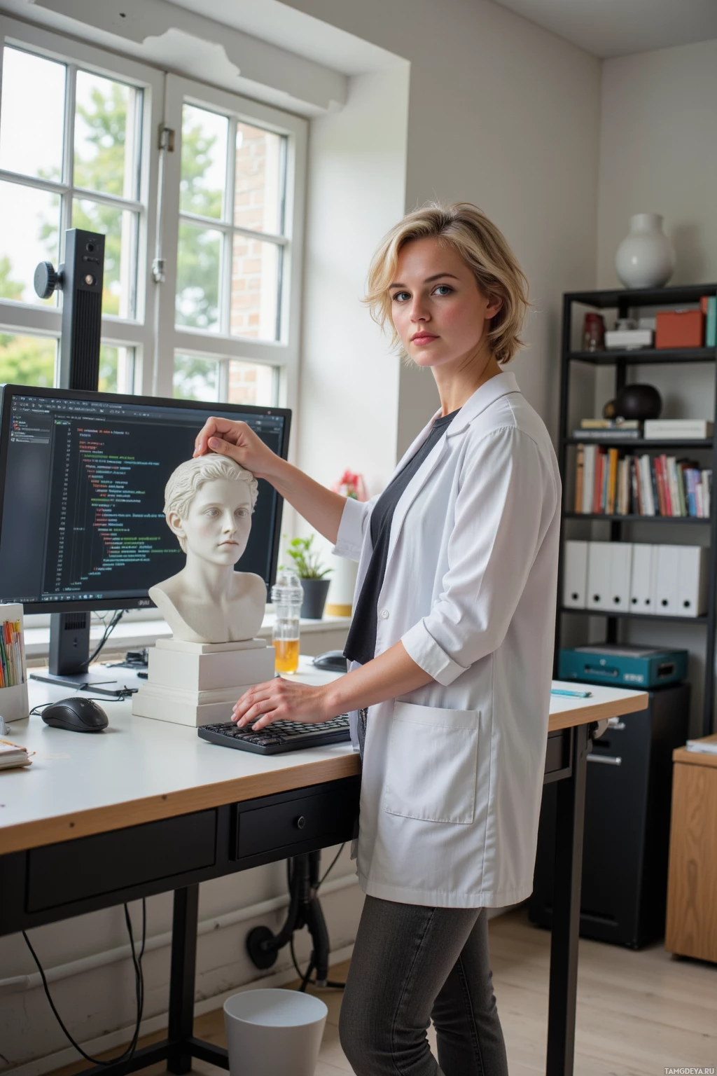 A woman in a lab coat stands at a desk with a computer, holding a bust.
