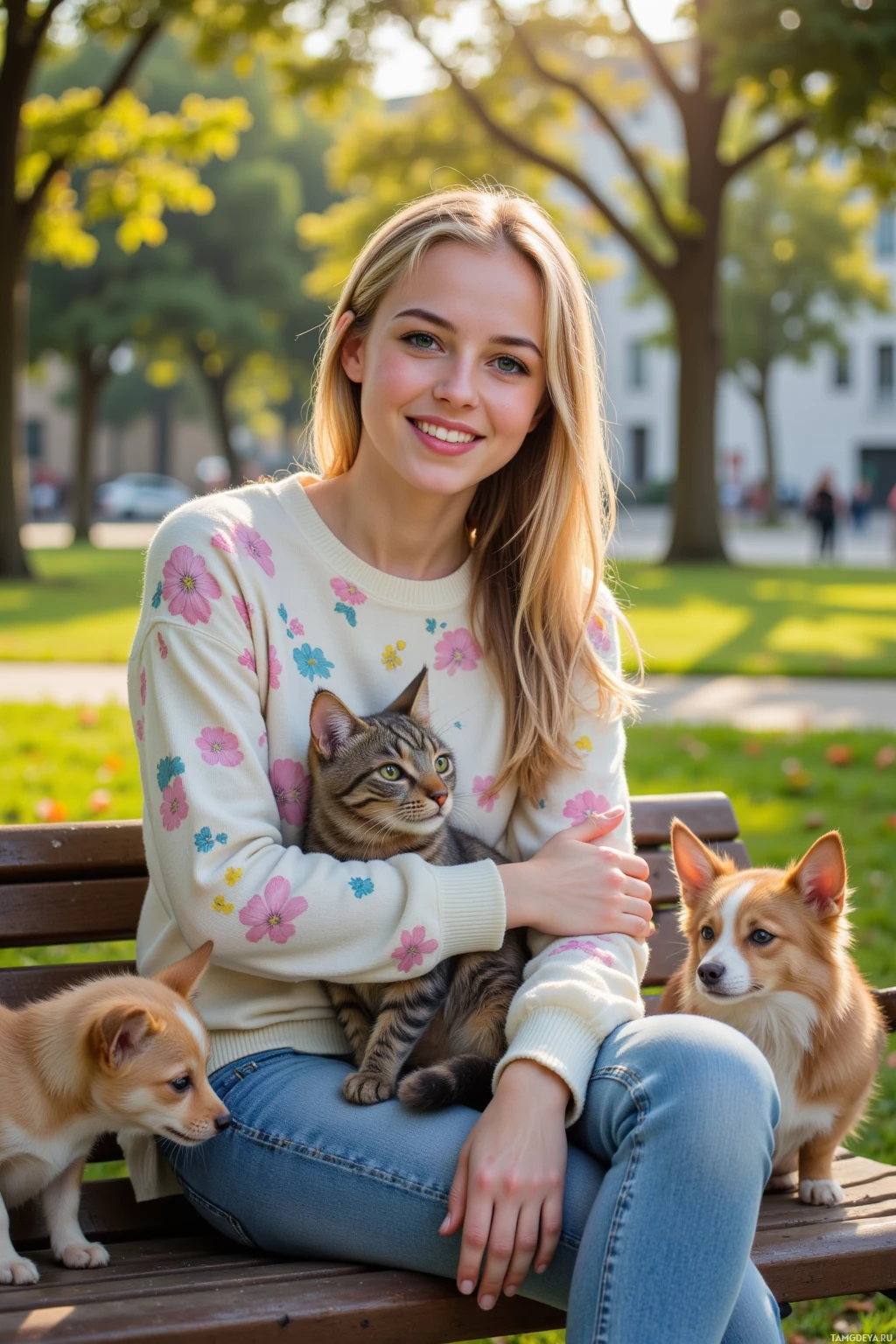 A person sits on a bench in a park, holding a cat and accompanied by two dogs.