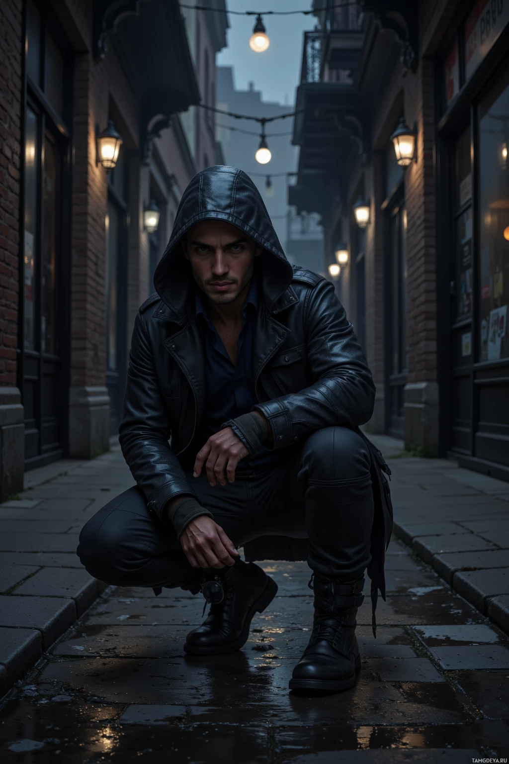 A man in a leather hooded jacket and boots squats on a wet street at dusk.