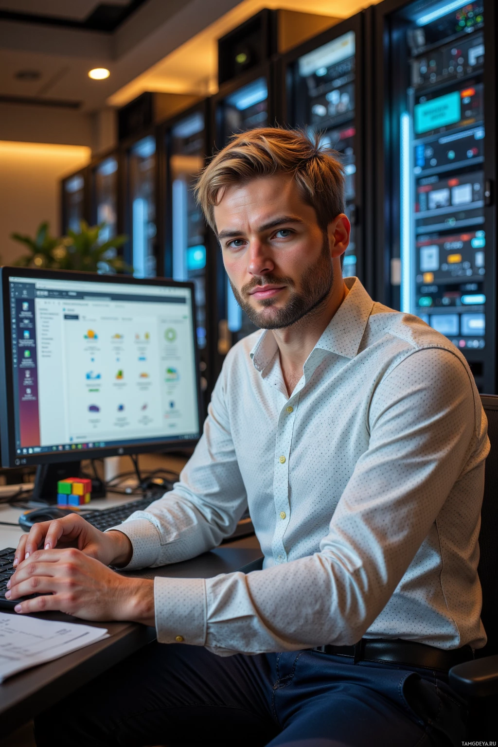 A man sits at a desk in a modern office, working on a computer.