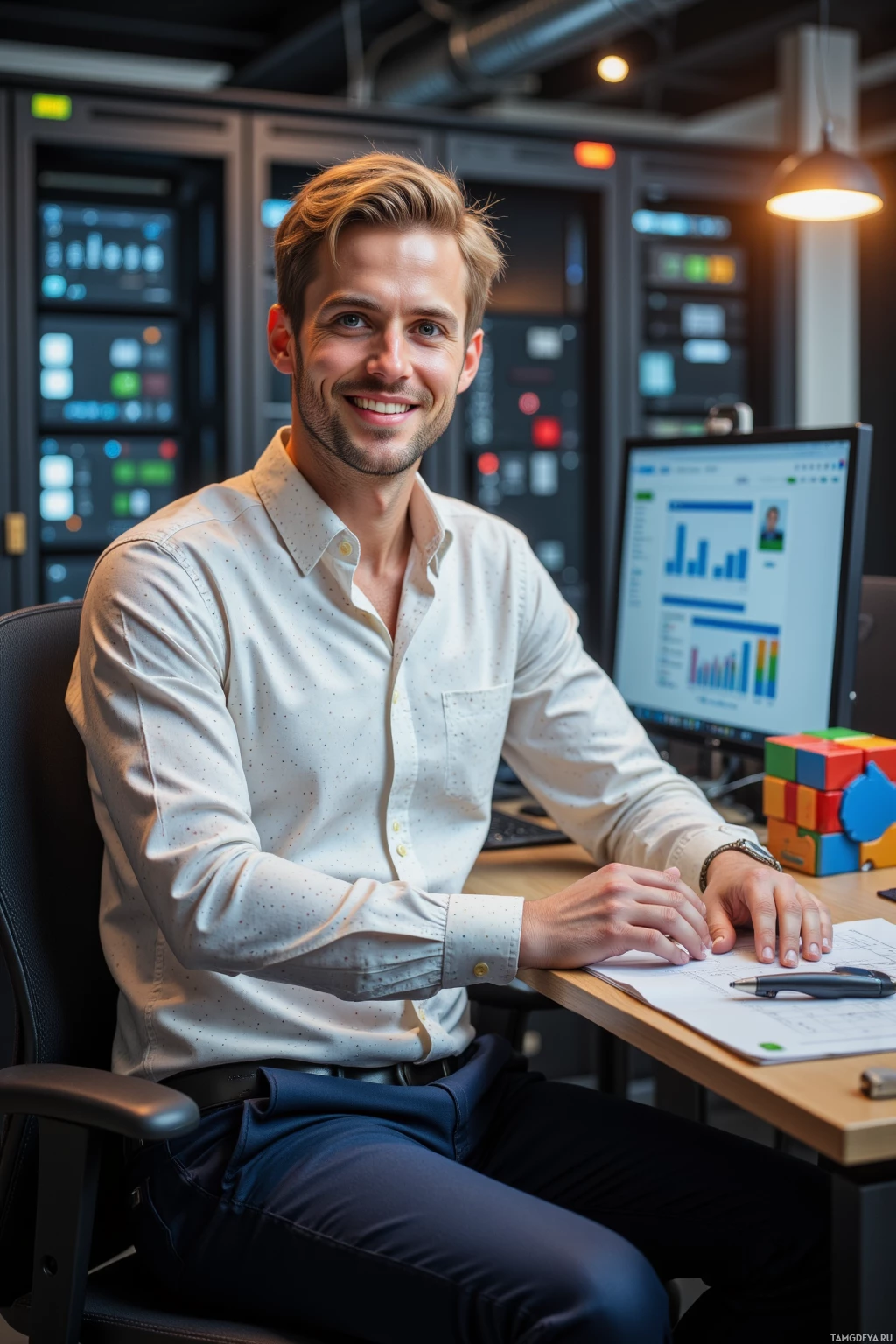 A man in a white shirt sits at a desk in a modern office, smiling at the camera.