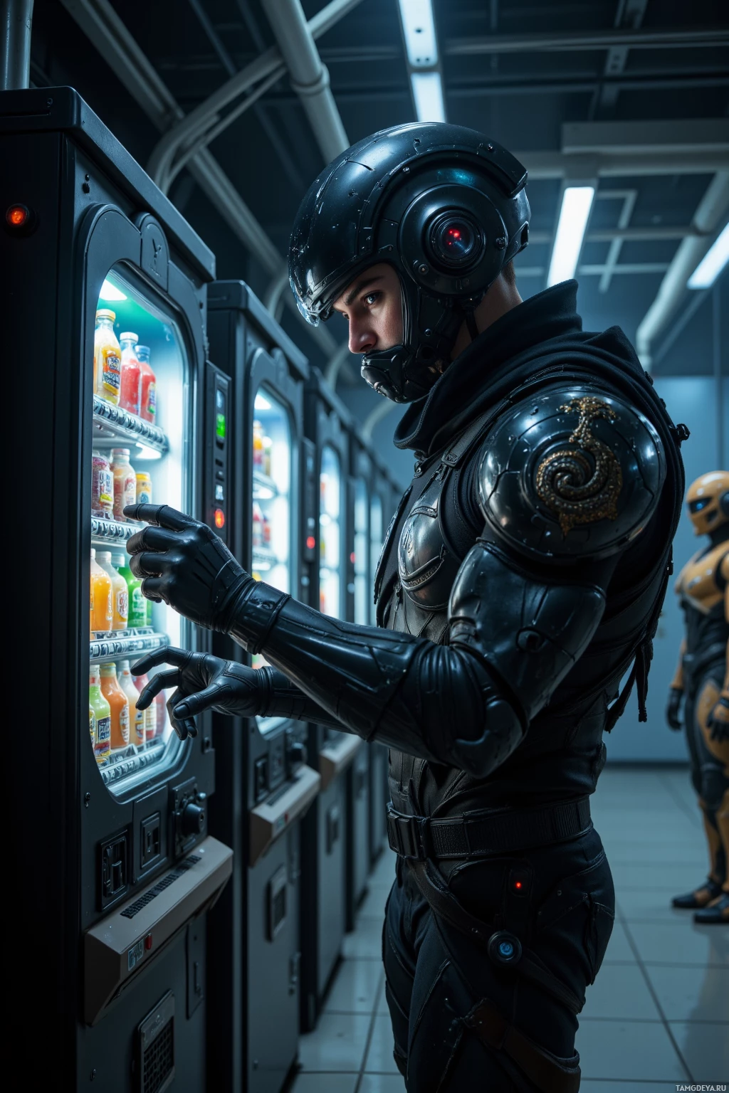 A person in futuristic armor interacts with a vending machine in a high-tech setting.