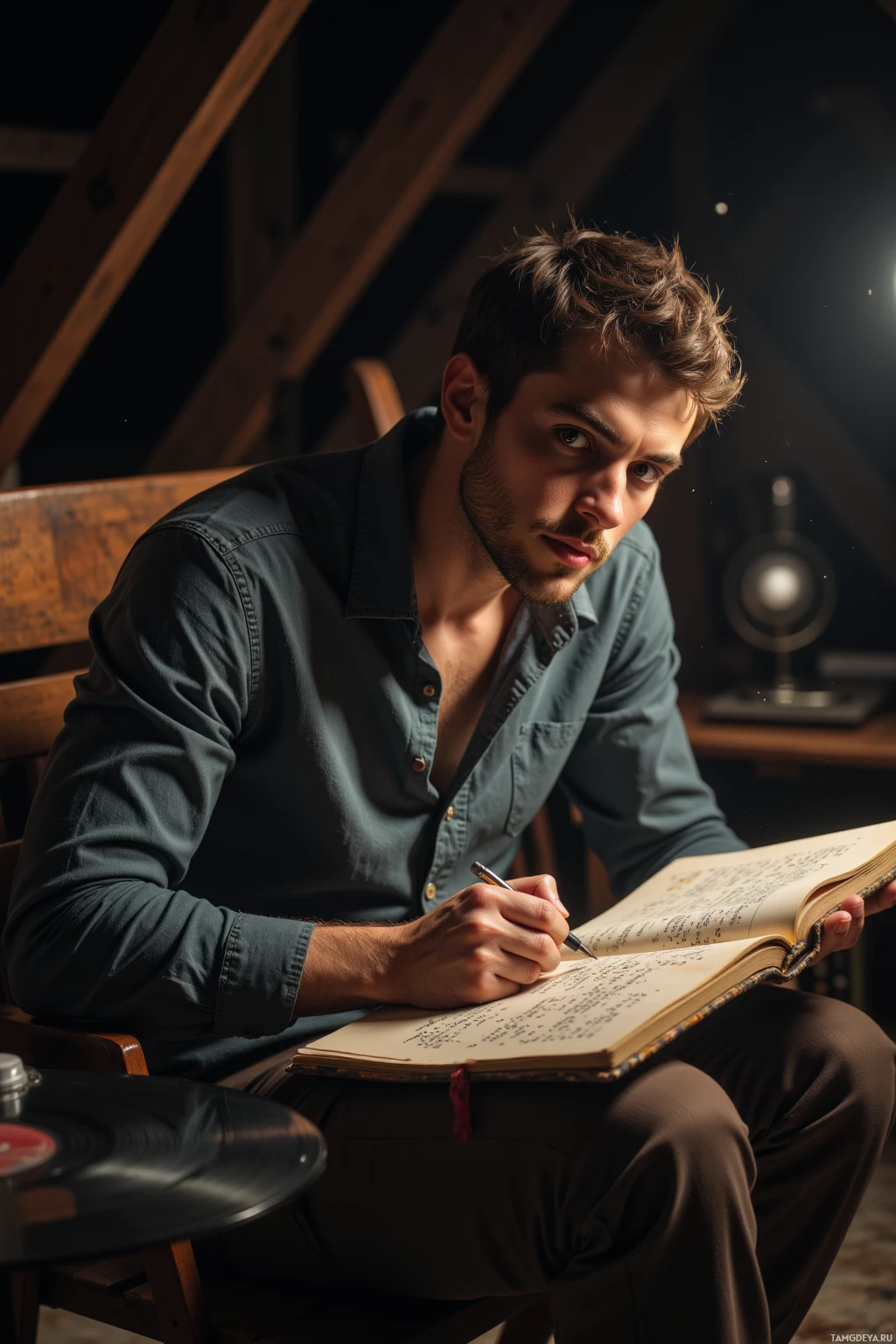 A man is sitting and writing in a notebook.