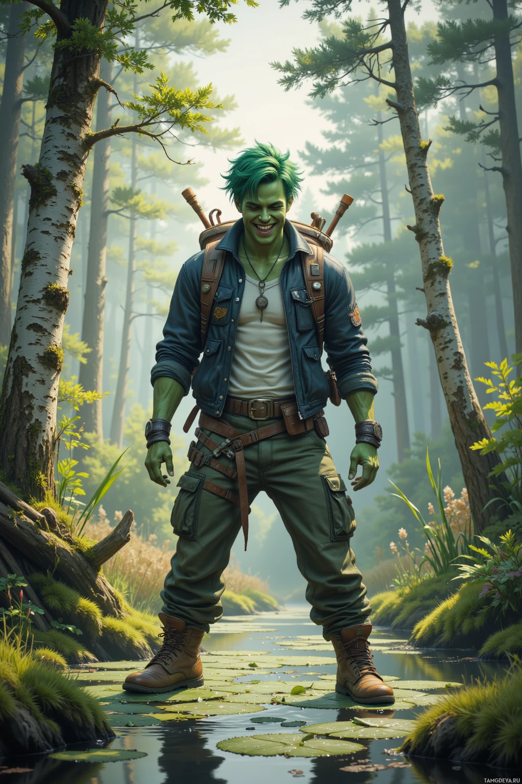 A character with green skin stands in a forested area, wearing a jacket and carrying a backpack.