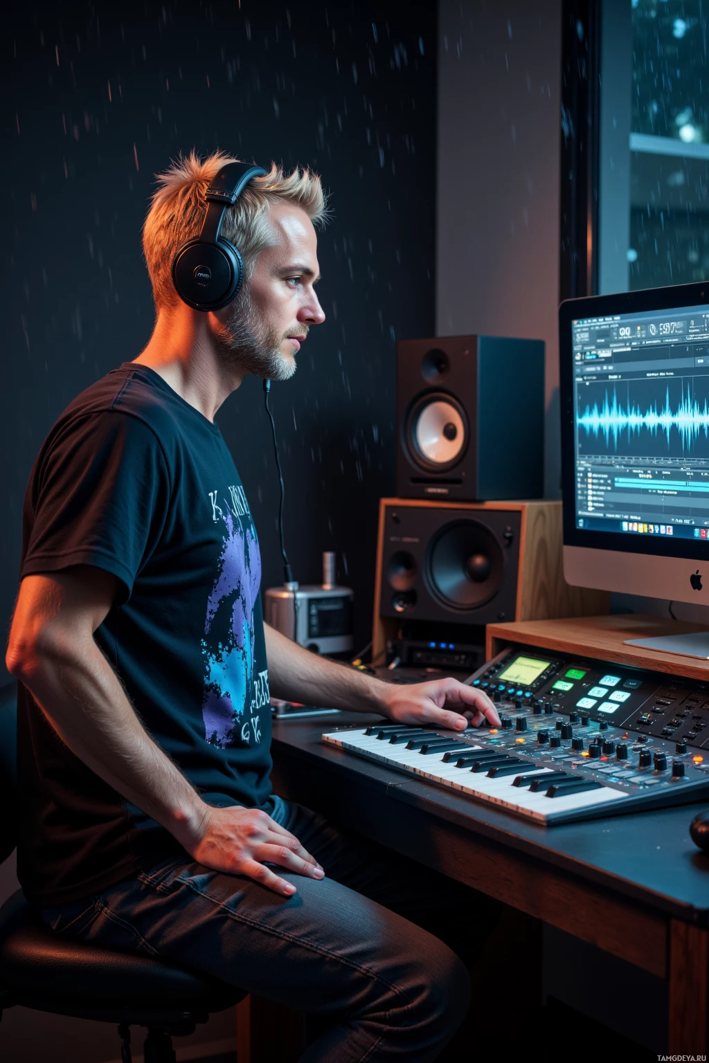 A person is seated at a desk in a studio, working on music production equipment.