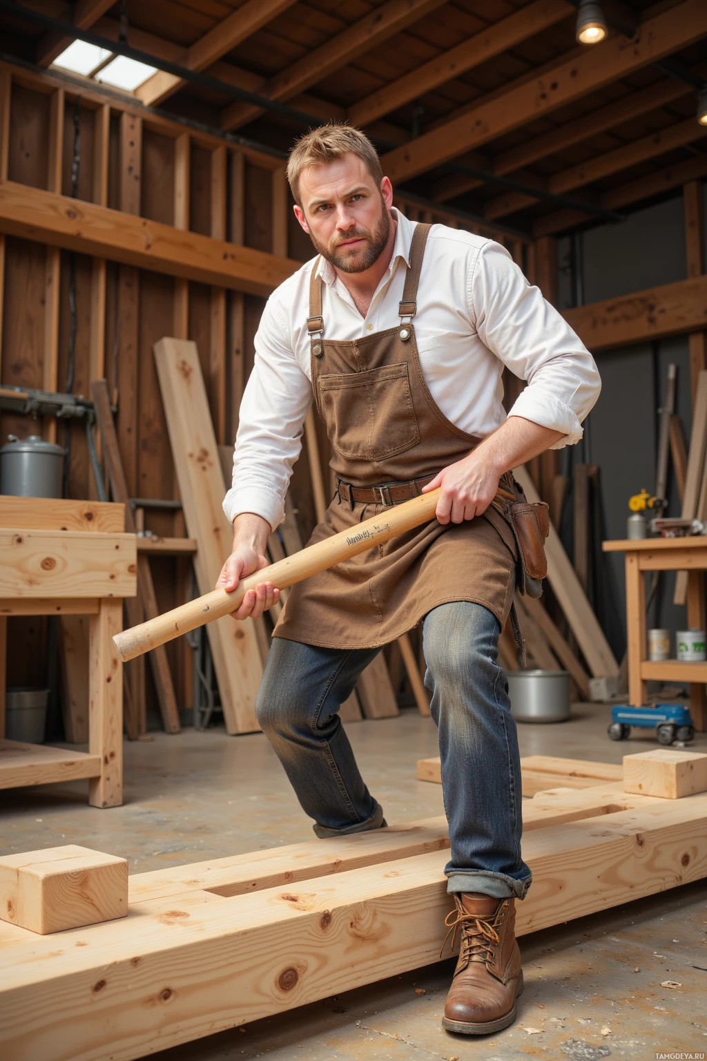 A man in a workshop wearing an apron and holding a tool, standing on a wooden beam.