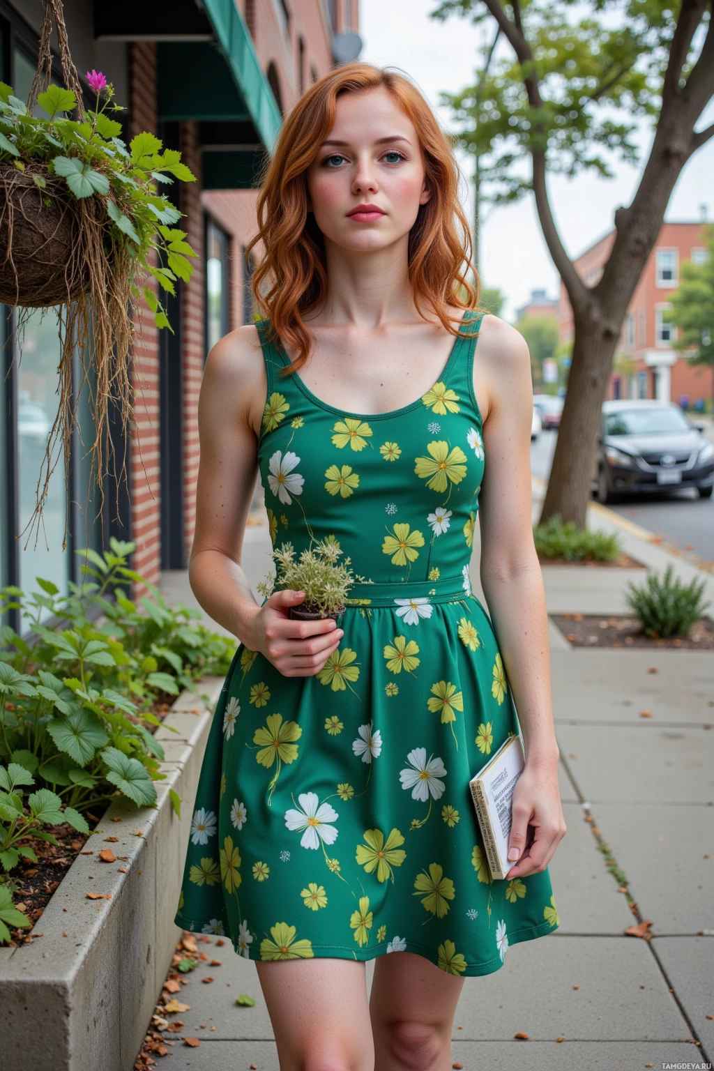 A woman in a green floral dress holds a small plant and a book, standing on a sidewalk.
