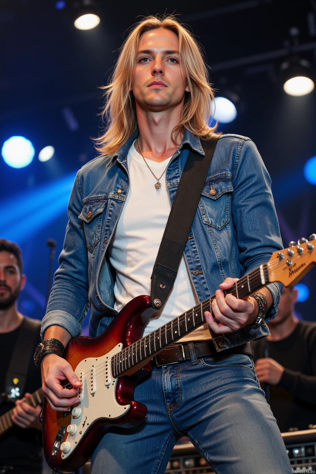 A person wearing a denim jacket and jeans plays a red electric guitar on stage.