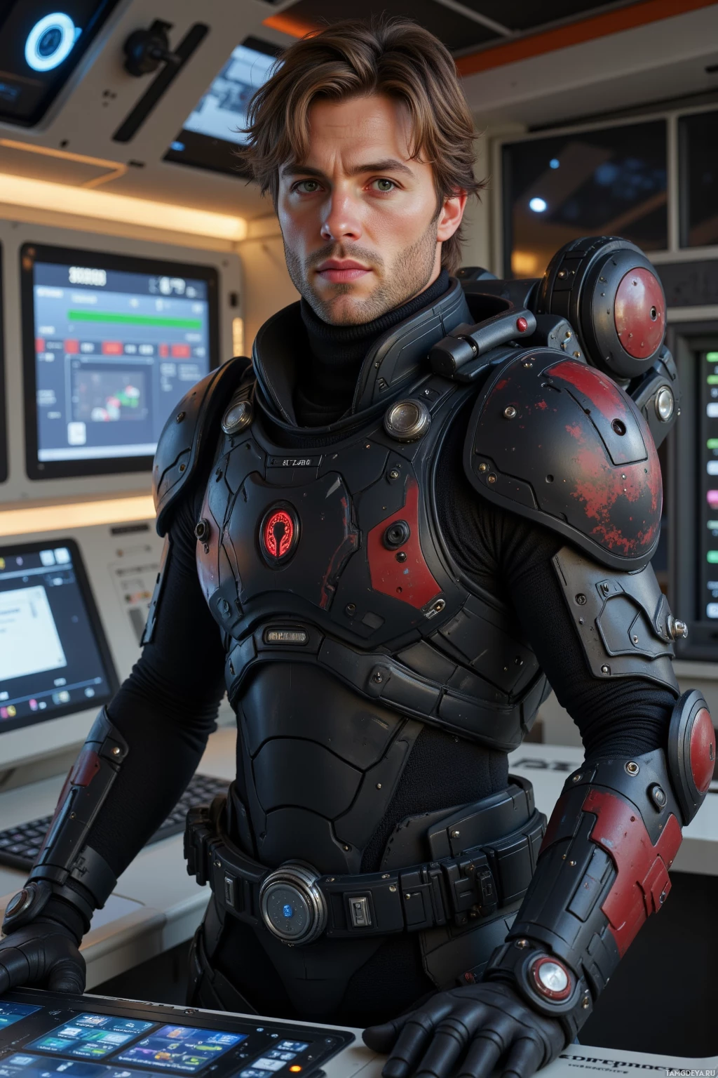 A person in futuristic armor stands in a high-tech control room.