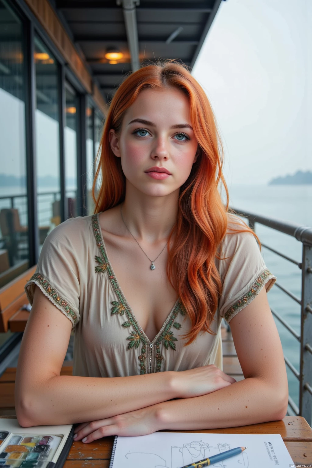 A person with long red hair sits at a table with art supplies, looking directly at the camera.